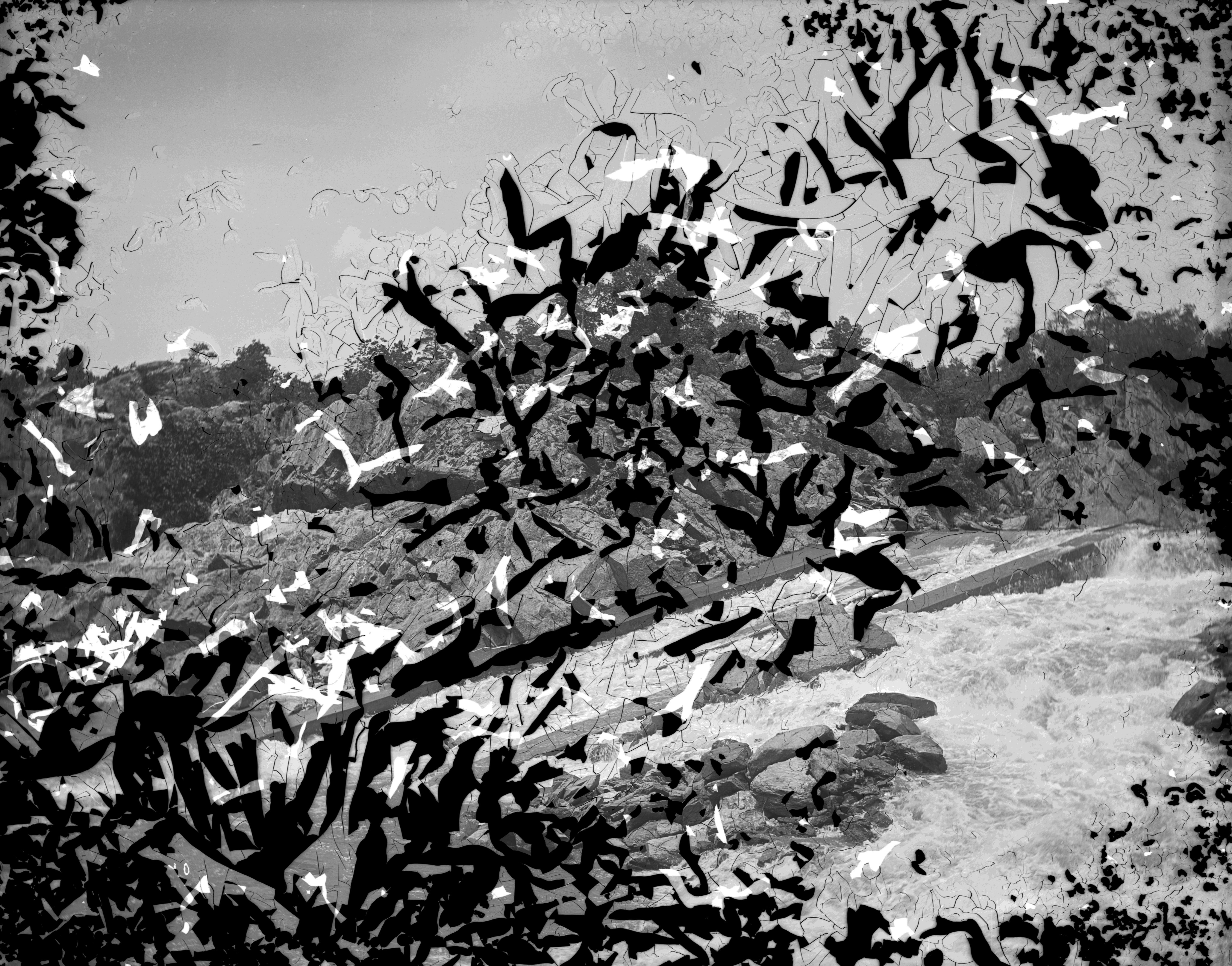 A rushing river flowing over rocky terrain with heavy film damage and emulsion cracks