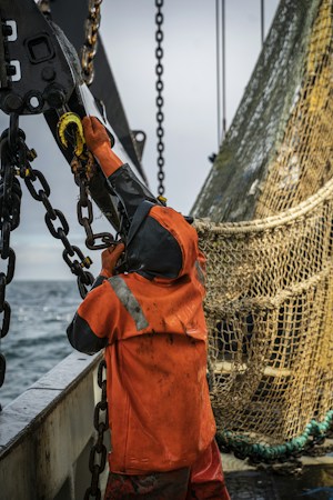 A deckhand in an orange hooded rain jacket and orange rubber gloves reaches up to a chain shackle on a fishing boat, a net hanging beside him and grey sea behind
