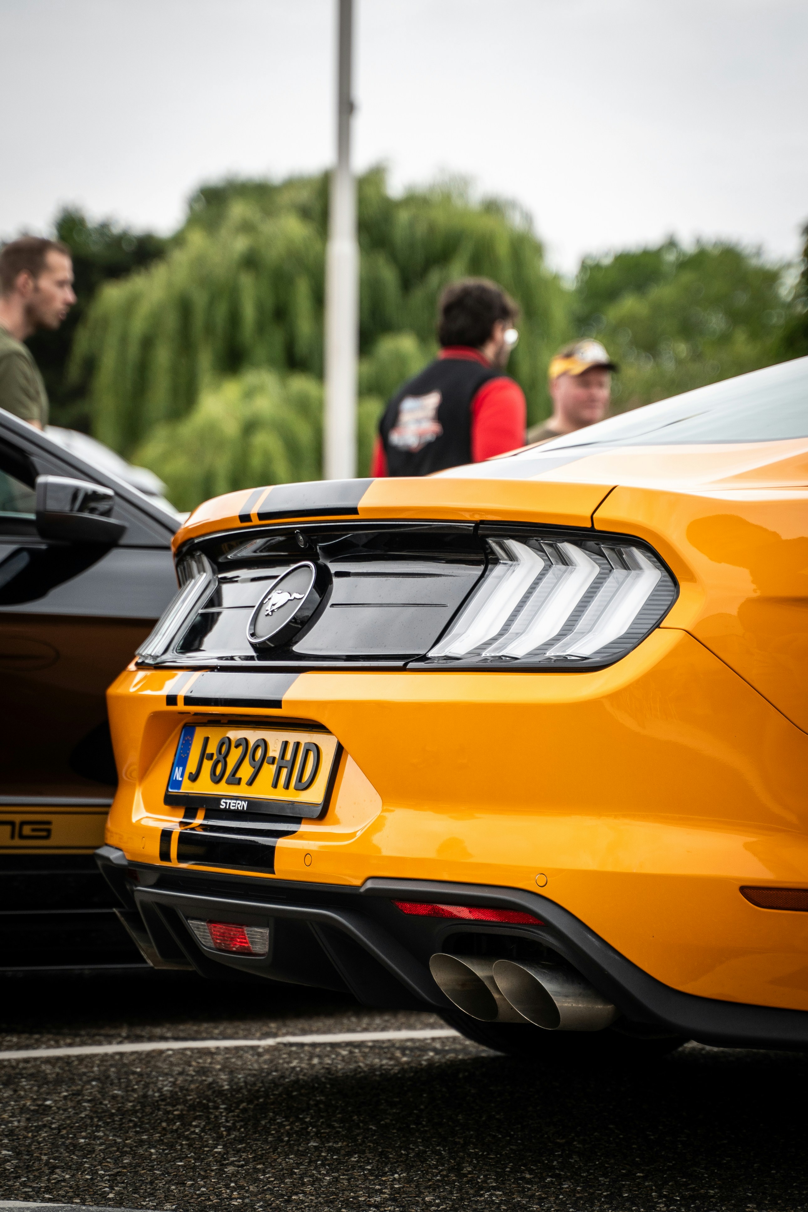Vista traseira de um Ford Mustang laranja com listras pretas de corrida e placa de carro holandesa