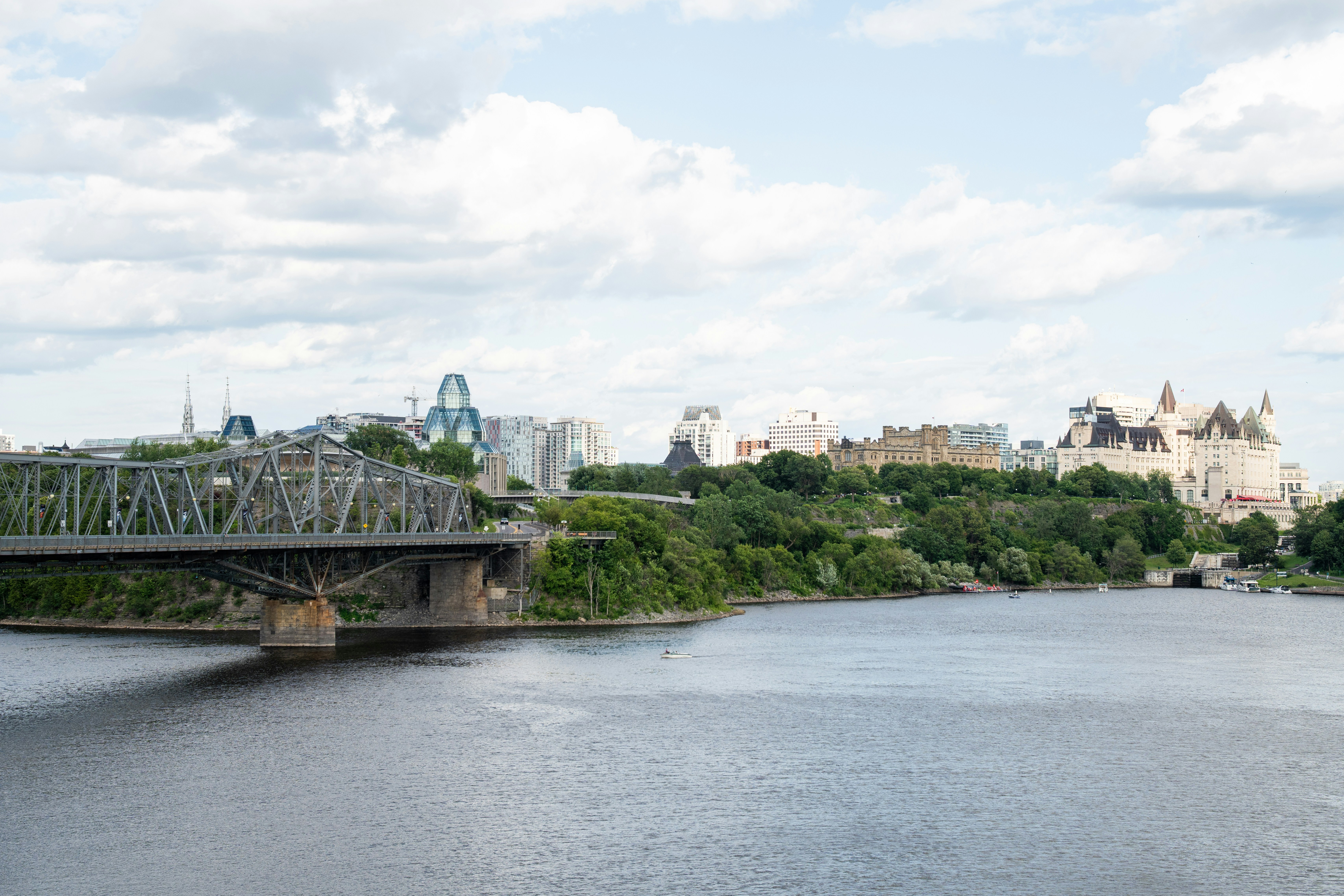 The Alexandra Bridge spanning the Ottawa River with the Ottawa skyline in the background