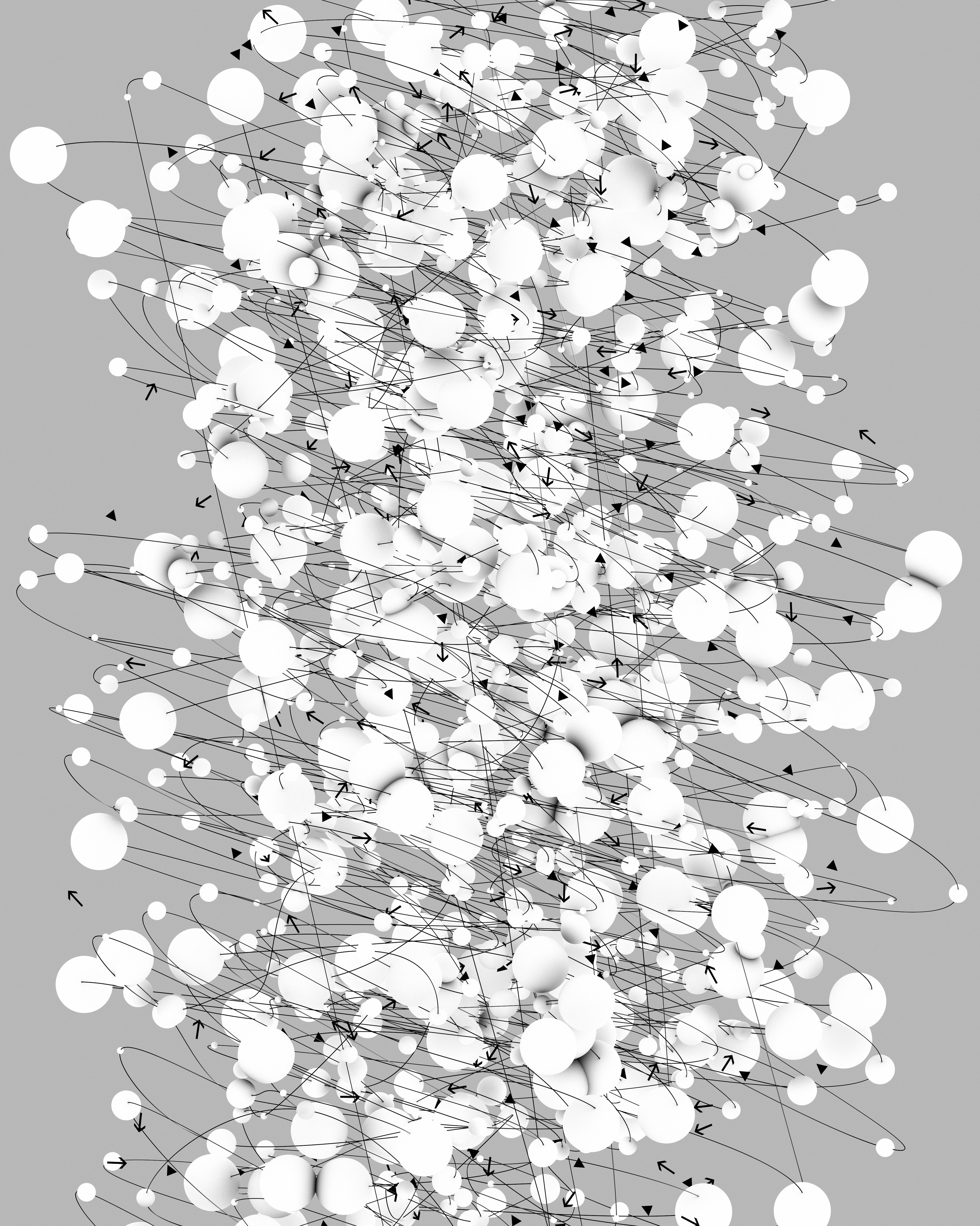 White spheres connected by thin black lines and arrows on a grey background