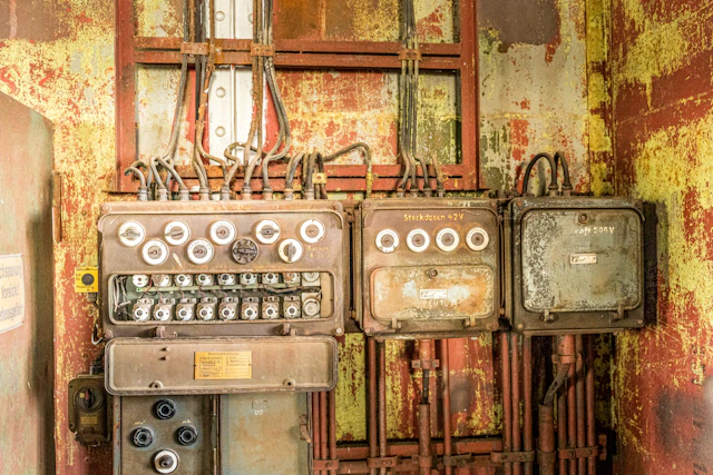 Antique ceramic fuses and switchgear on a rusted wall