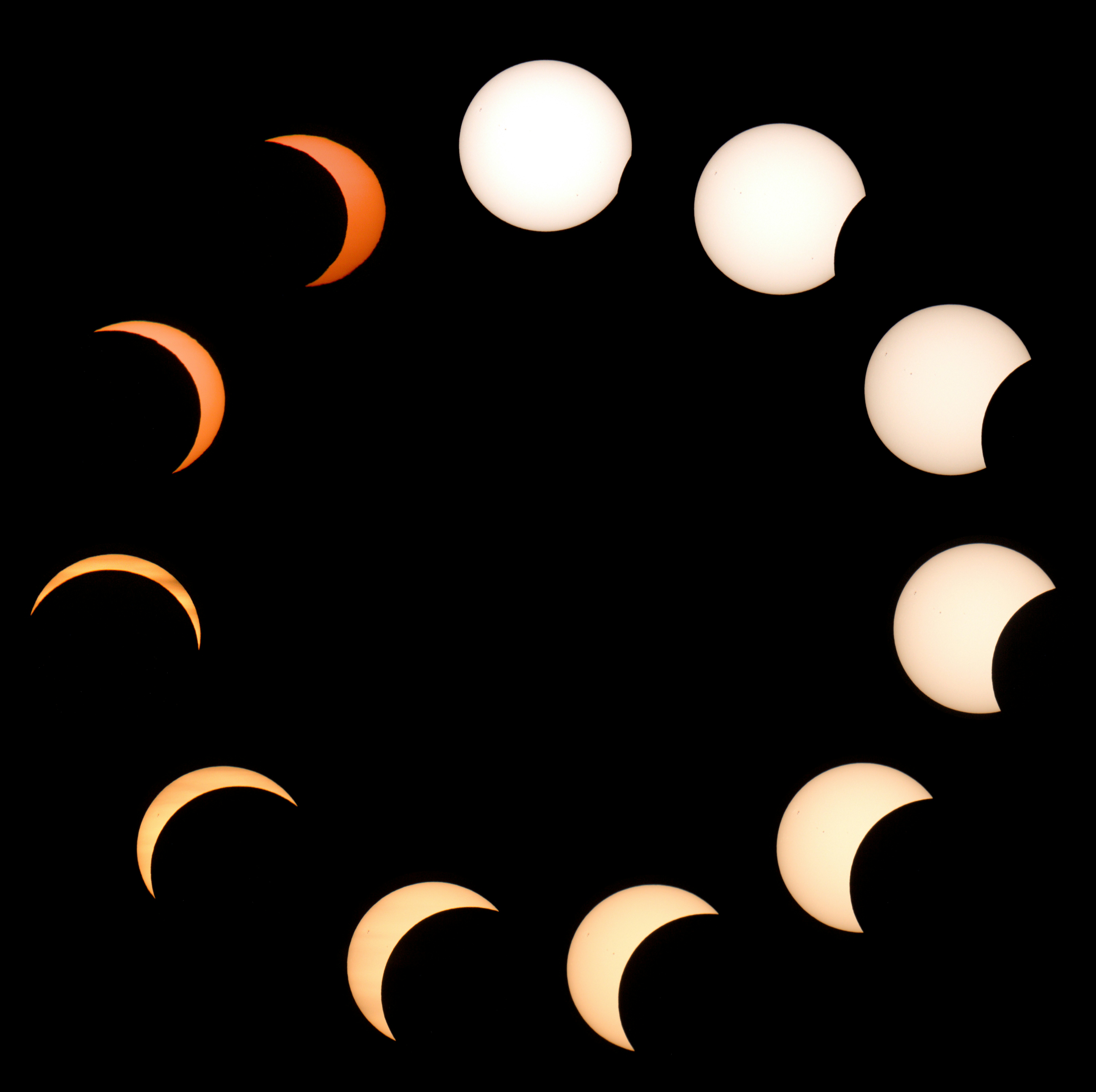 A circular sequence of solar eclipse phases against a solid black background