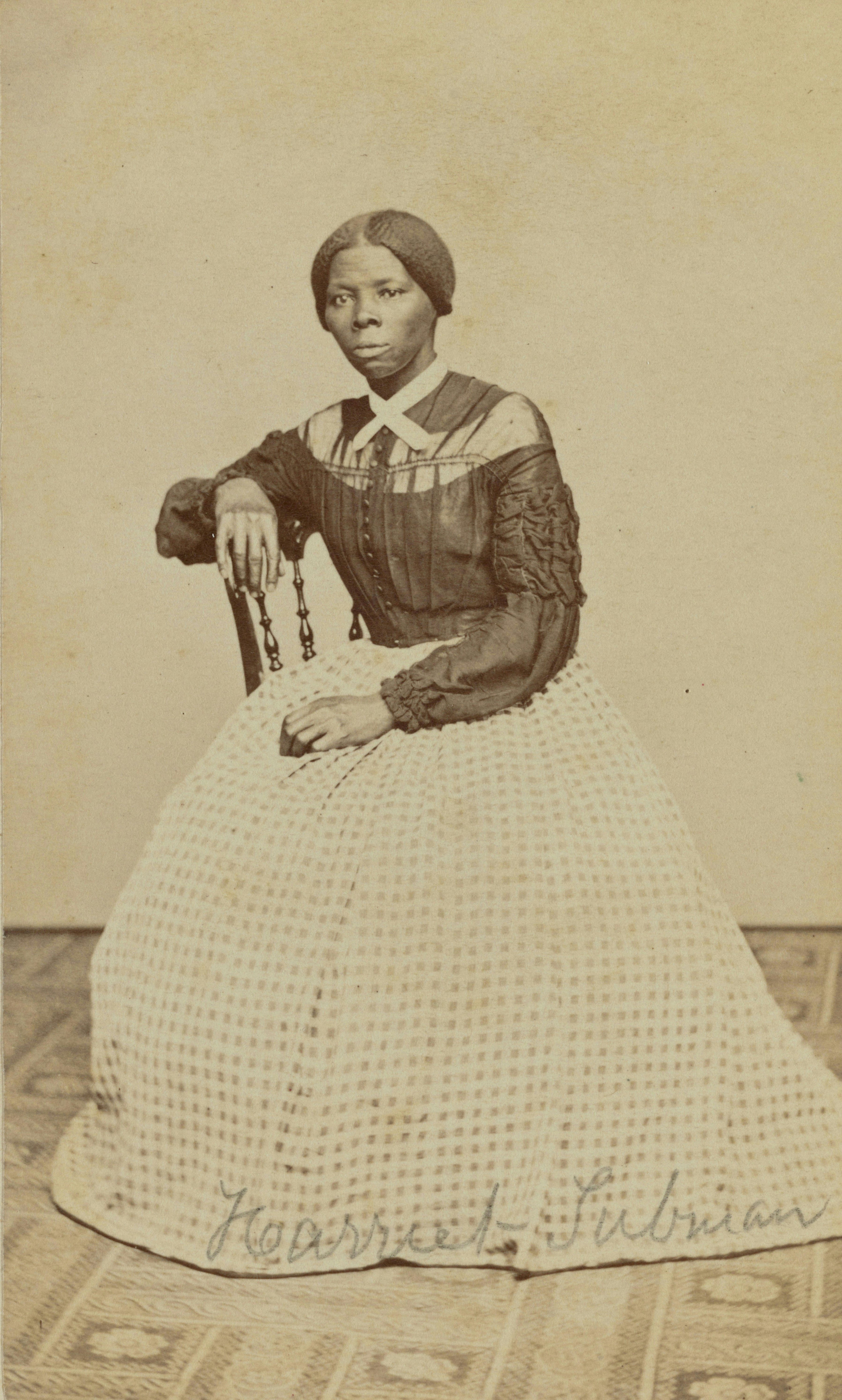 A woman in a dark long-sleeved dress and a light checkered skirt
