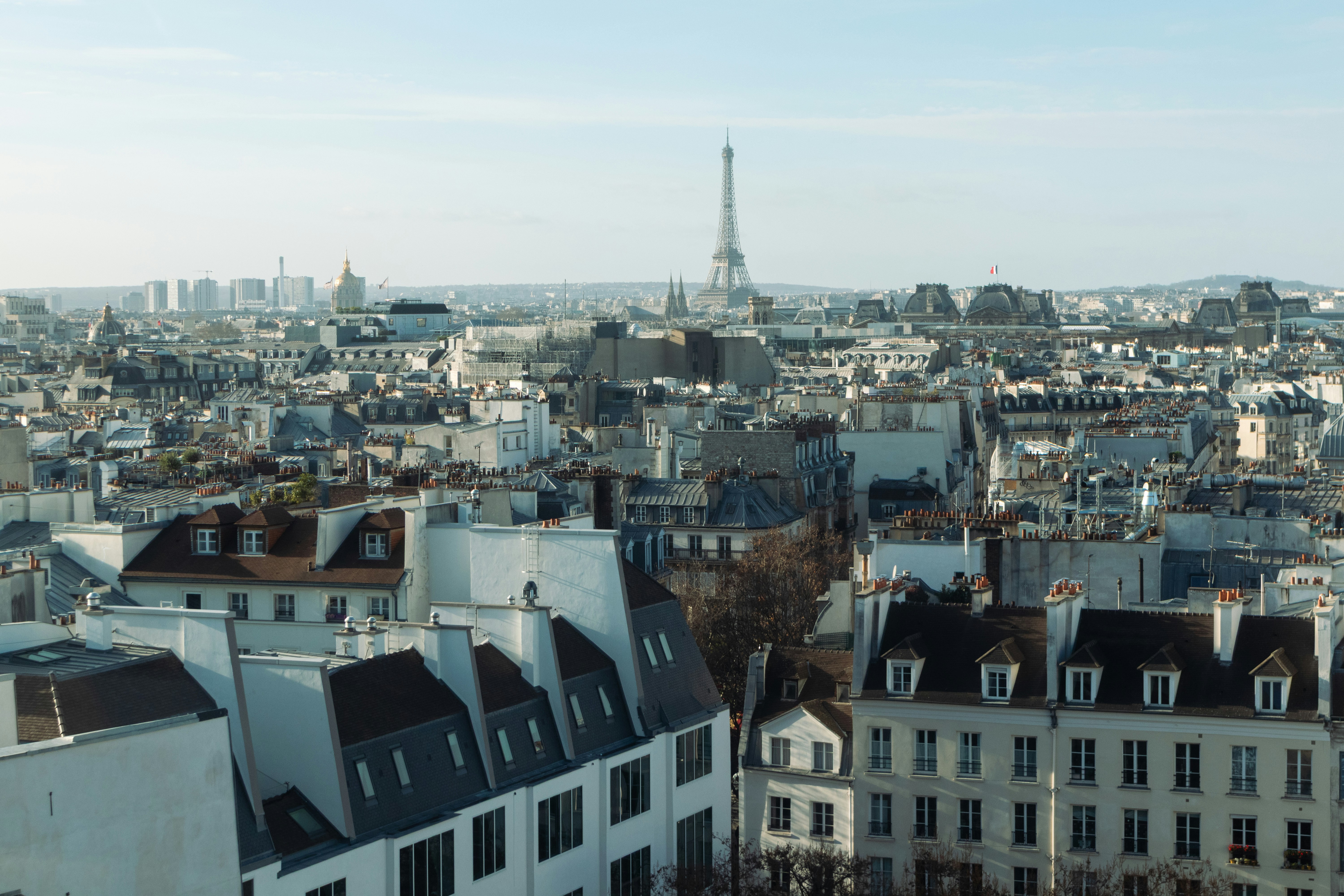 The Eiffel Tower rising above the dense rooftops and buildings of Paris