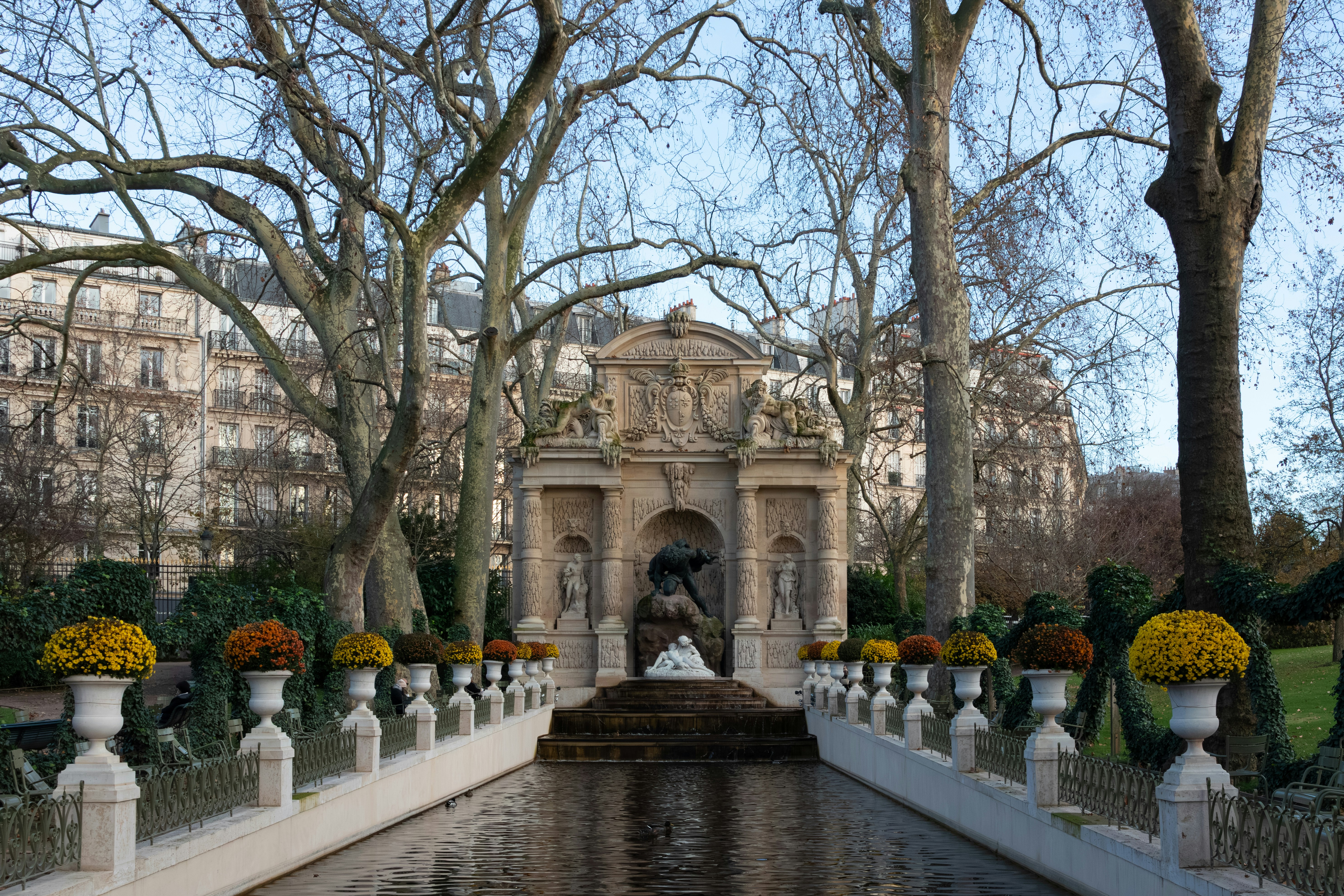 The Medici Fountain in the Luxembourg Gardens in Paris with potted chrysanthemums