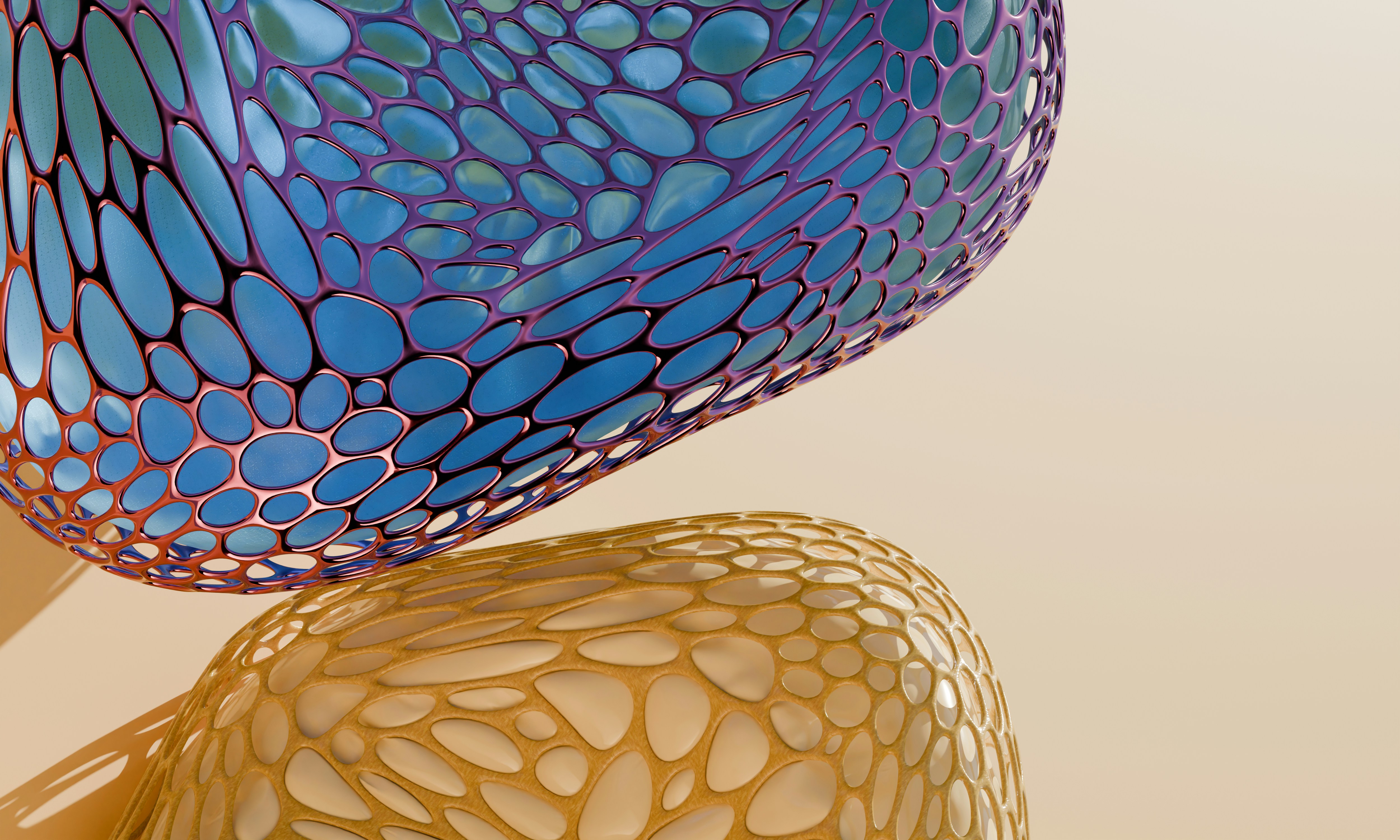 Two organic lattice structures in blue and gold against a light beige background
