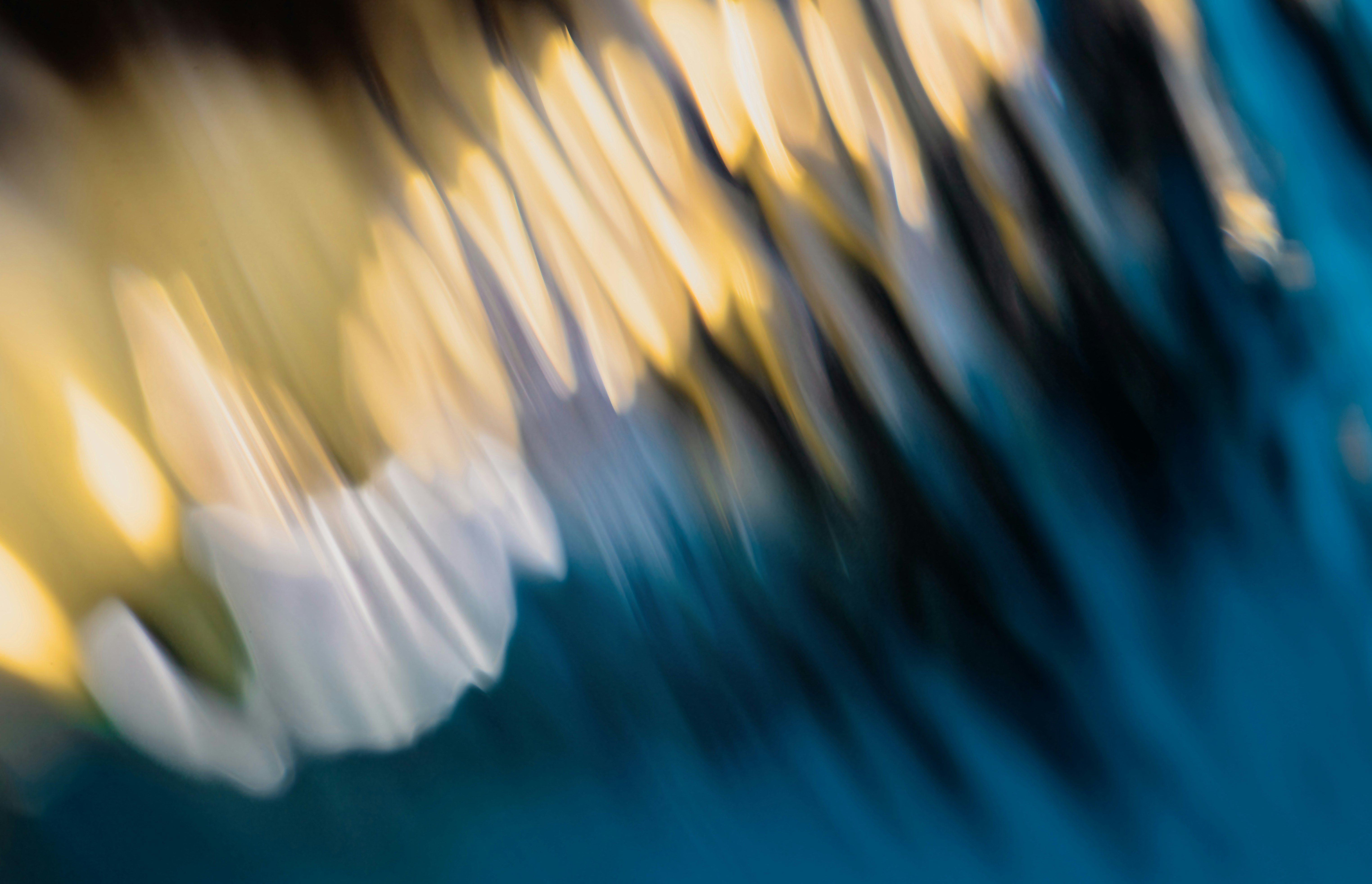 Abstract motion blur of golden light streaks against a deep blue background