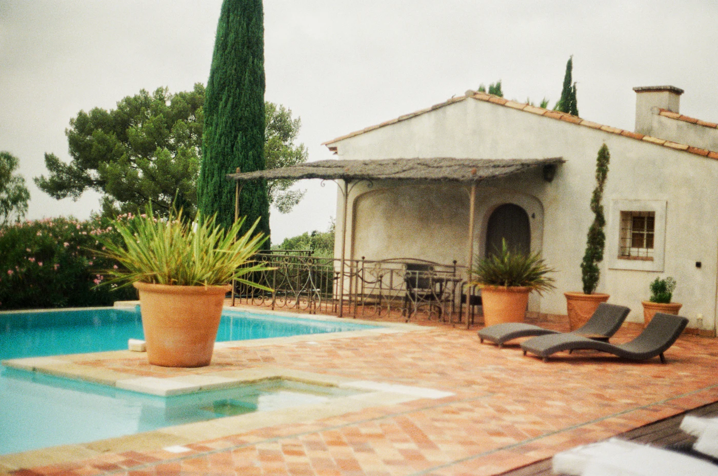 Swimming pool with a terracotta patio and potted plants