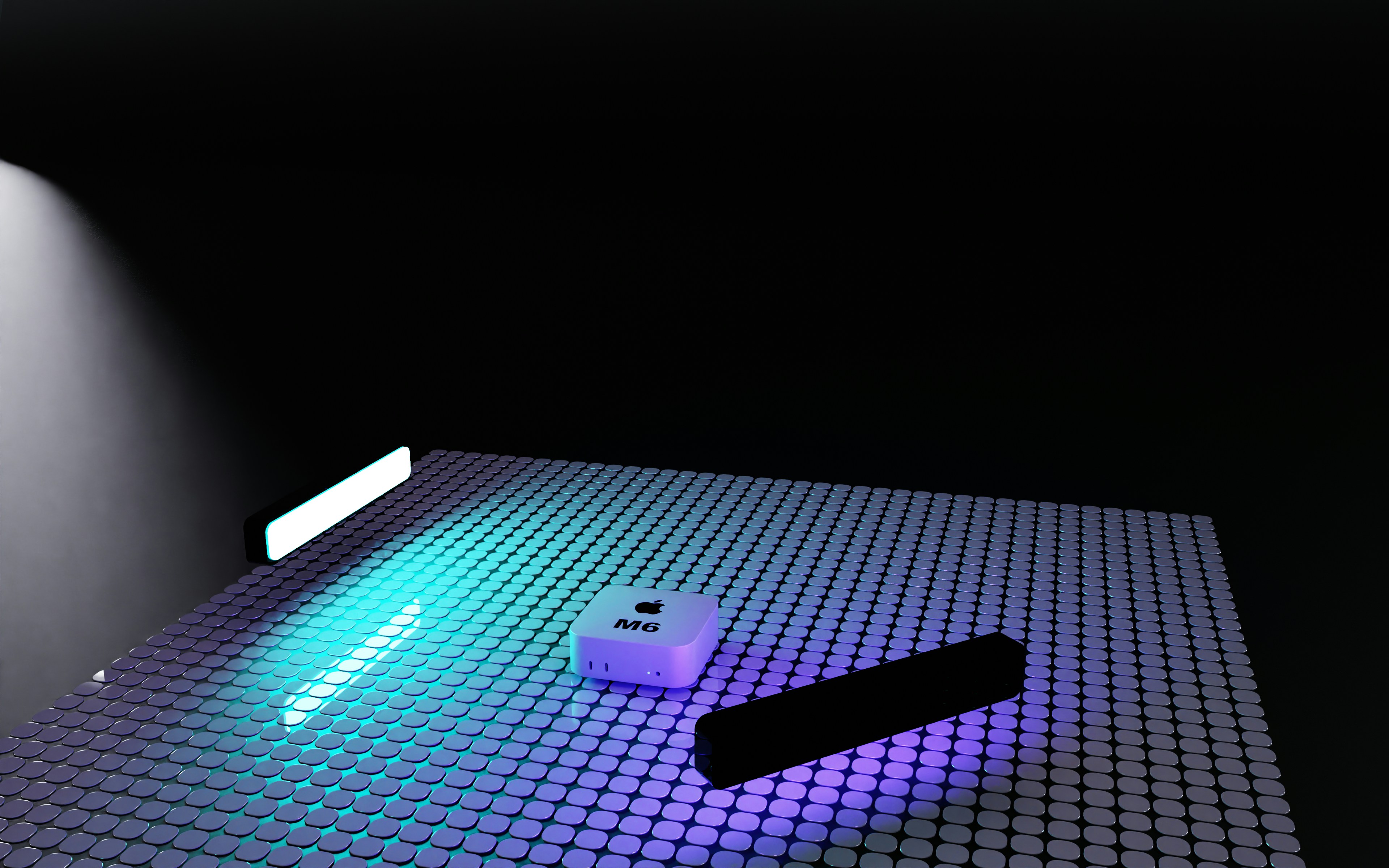 A small white square device on a grid of metallic tiles with light bars