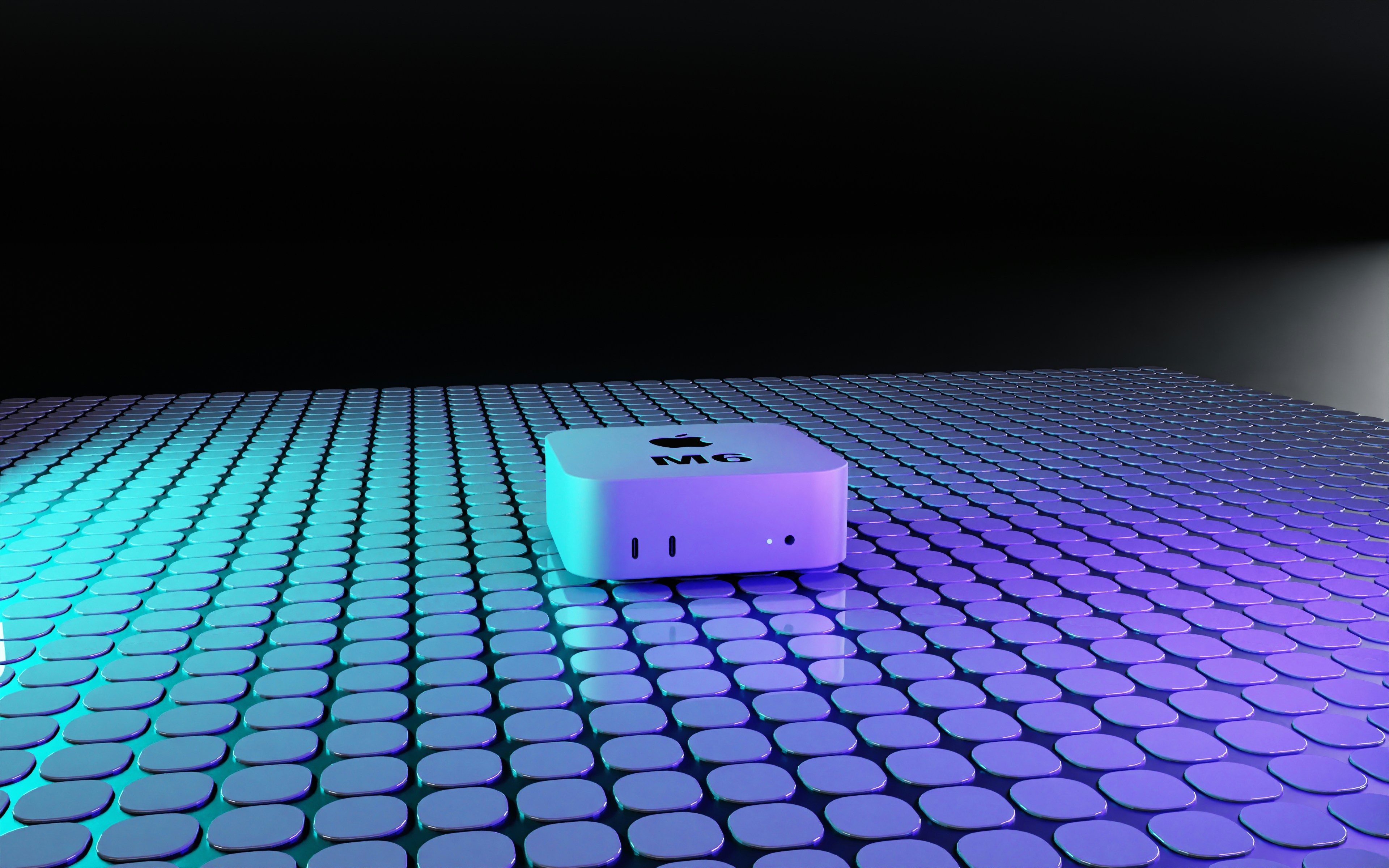 A small white square device on a grid of glowing blue and purple tiles