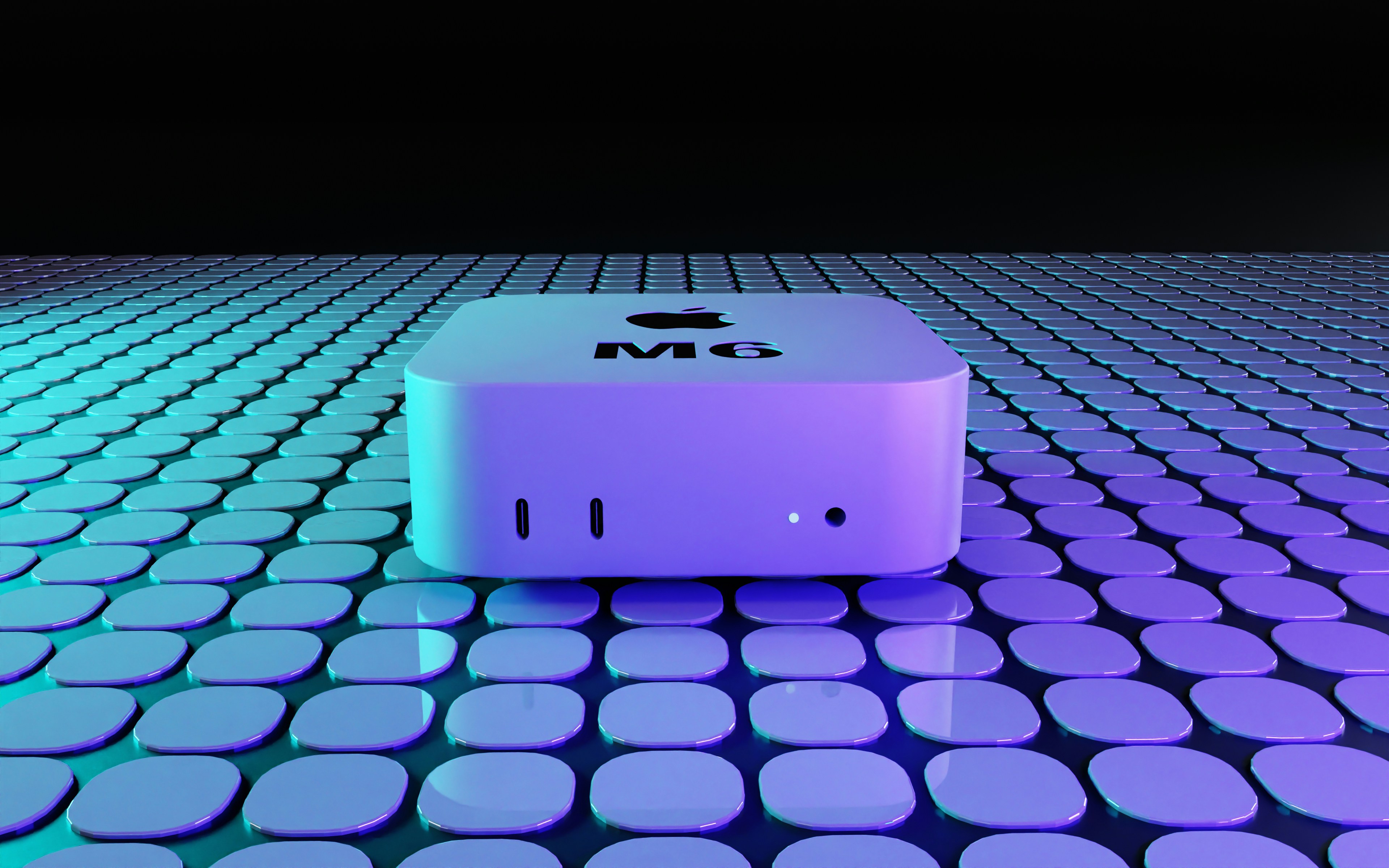 A small square computer on a grid of glowing purple and blue tiles