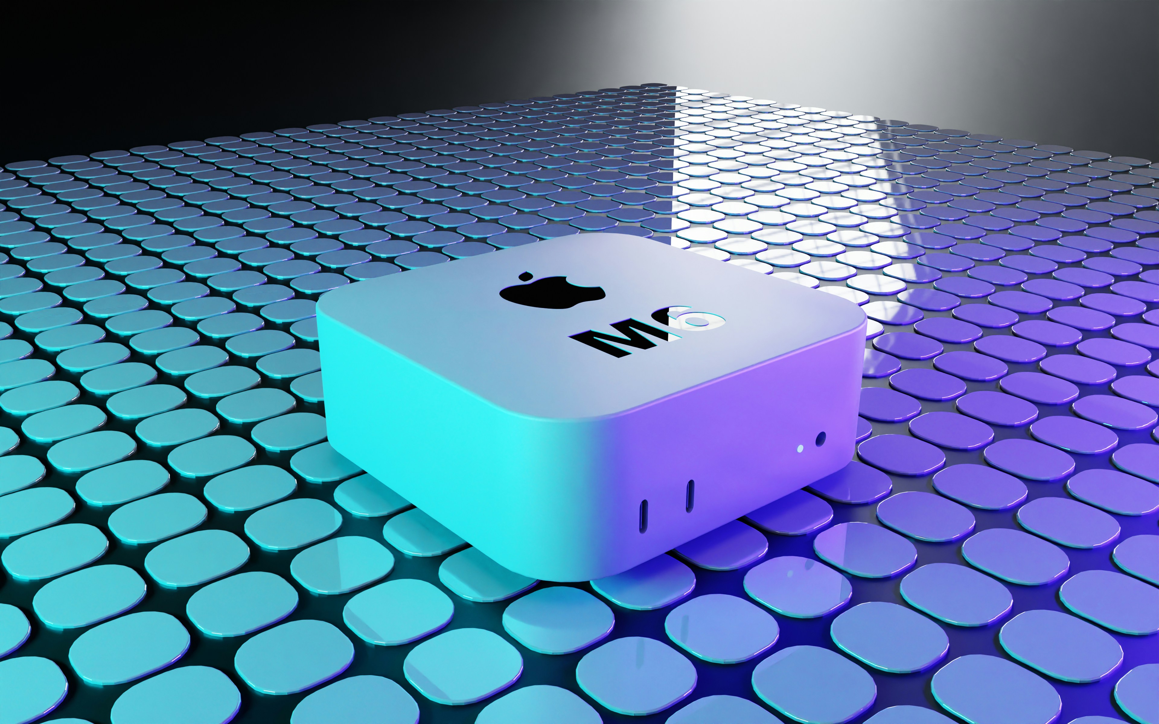 A square white device with a logo on a grid of blue tiles