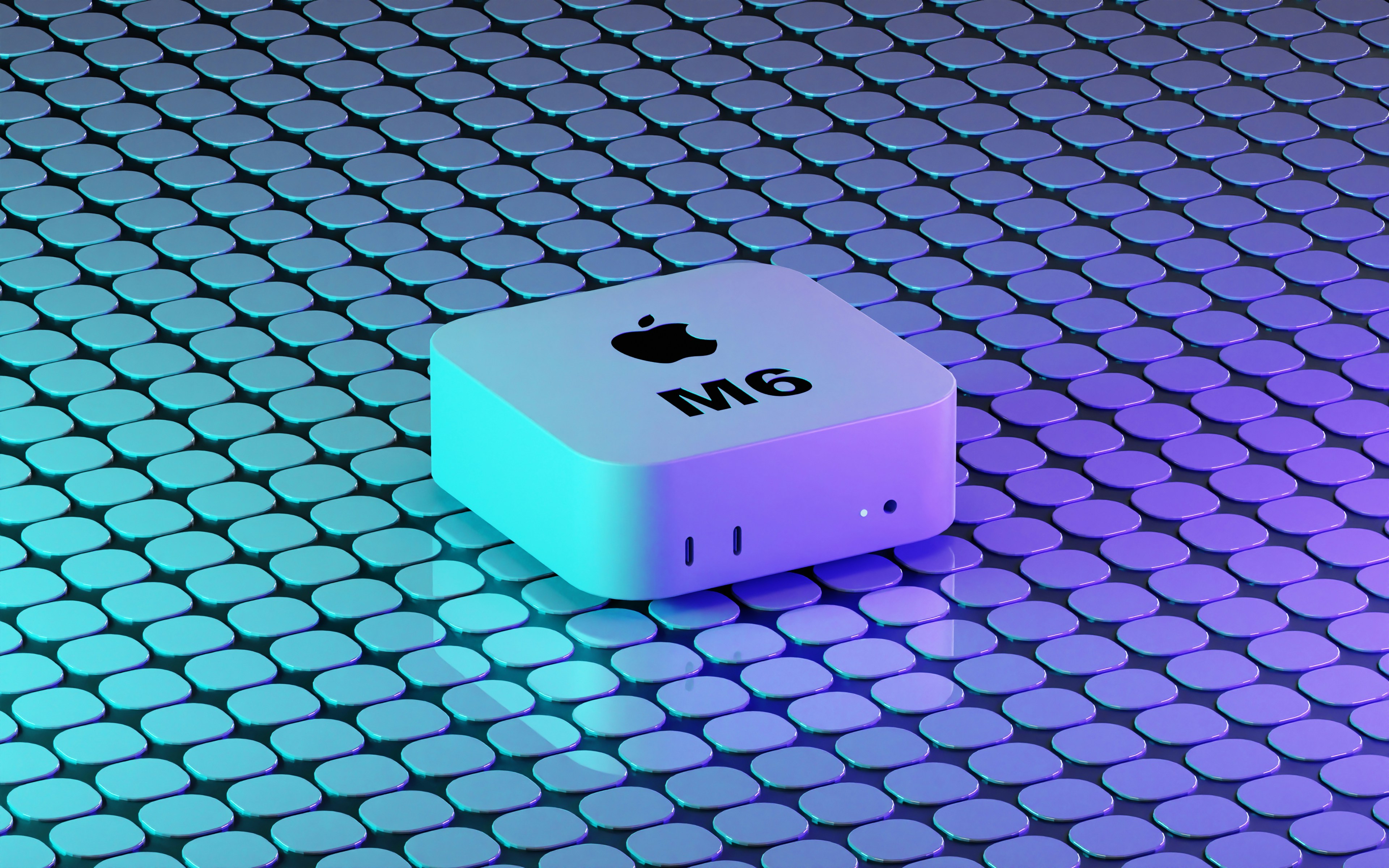 A square white computer on a grid of blue and purple metallic circles