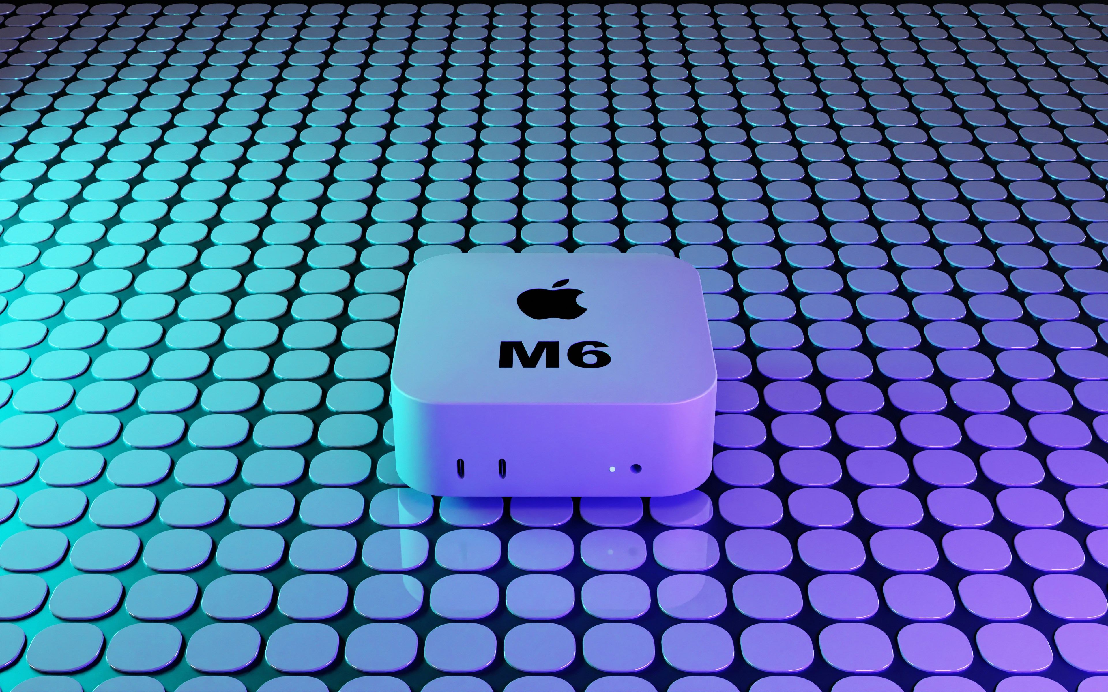 A white square computer on a grid of glowing blue and purple squares