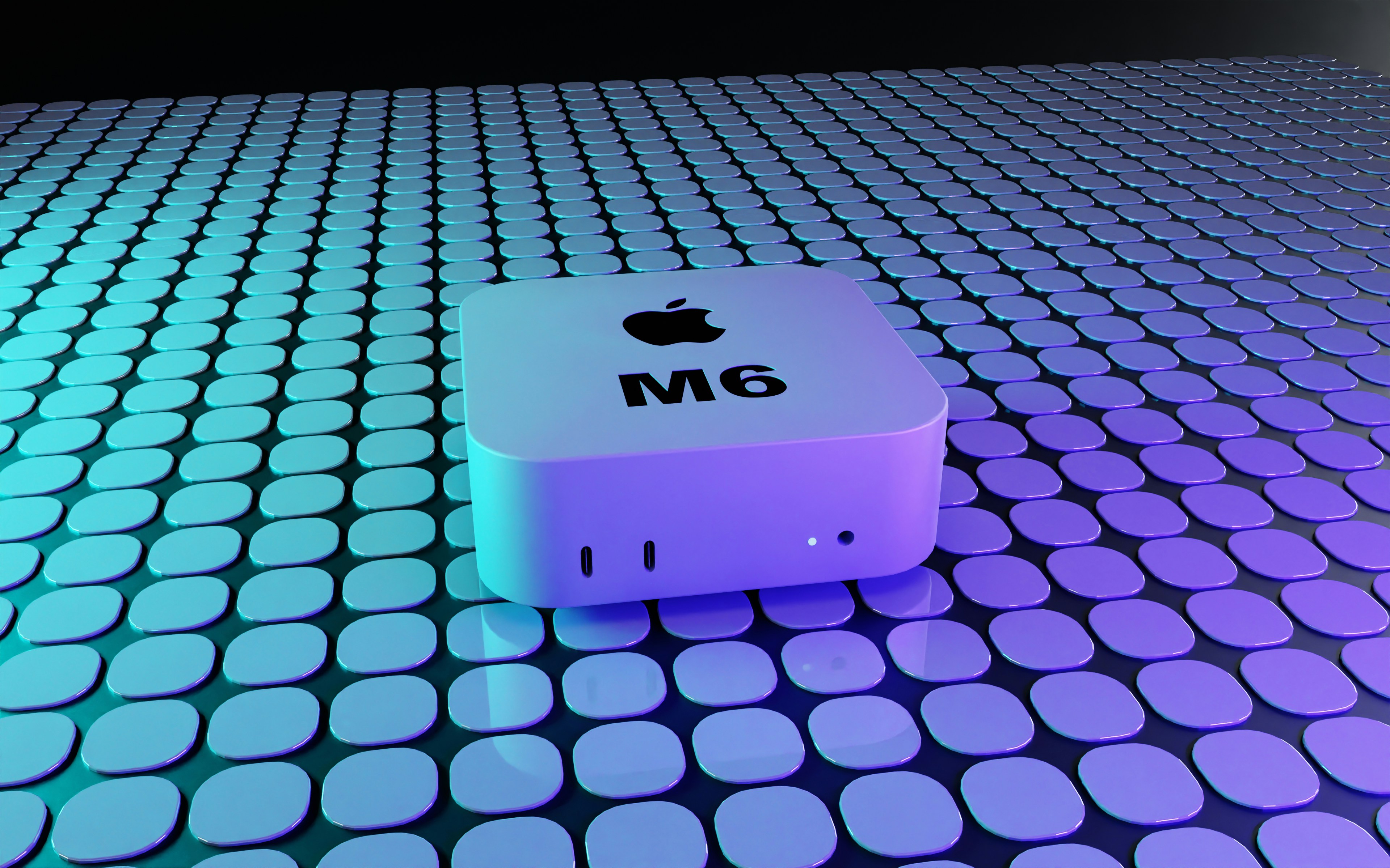 A white square computer on a grid of glowing purple and blue tiles