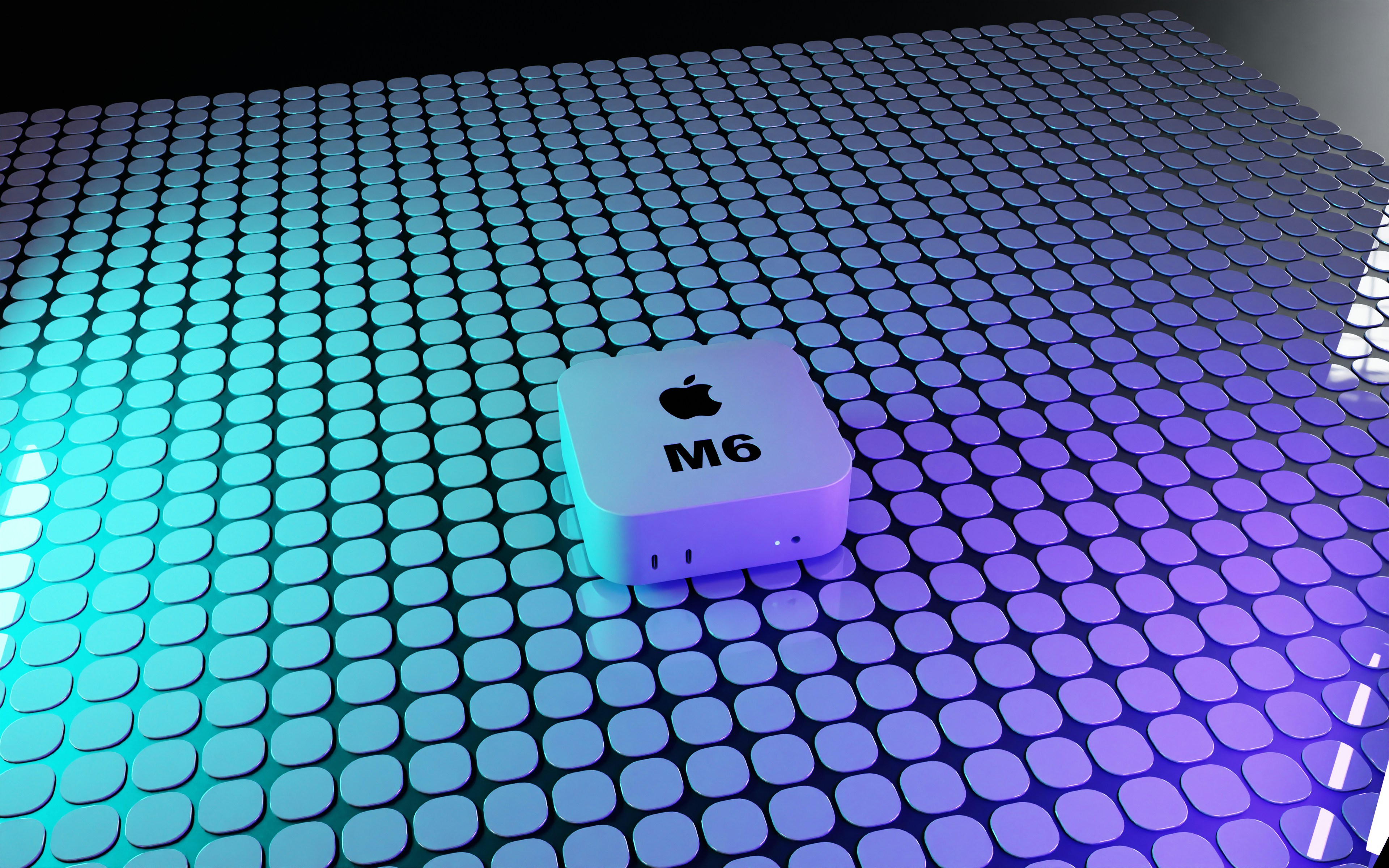 A white square device with an Apple logo on a grid of glowing blue tiles