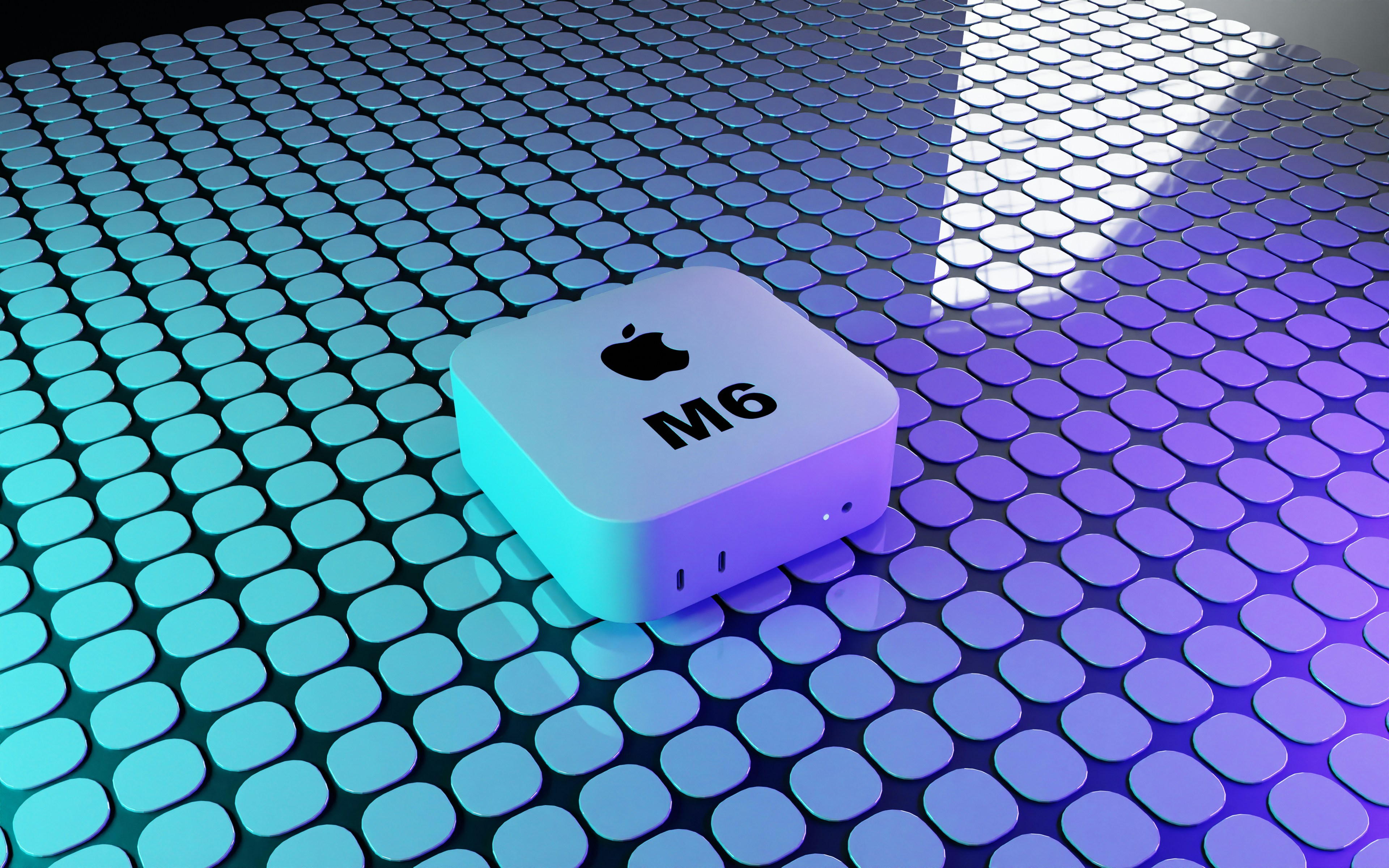 A white square device with an Apple logo and M6 text on a grid
