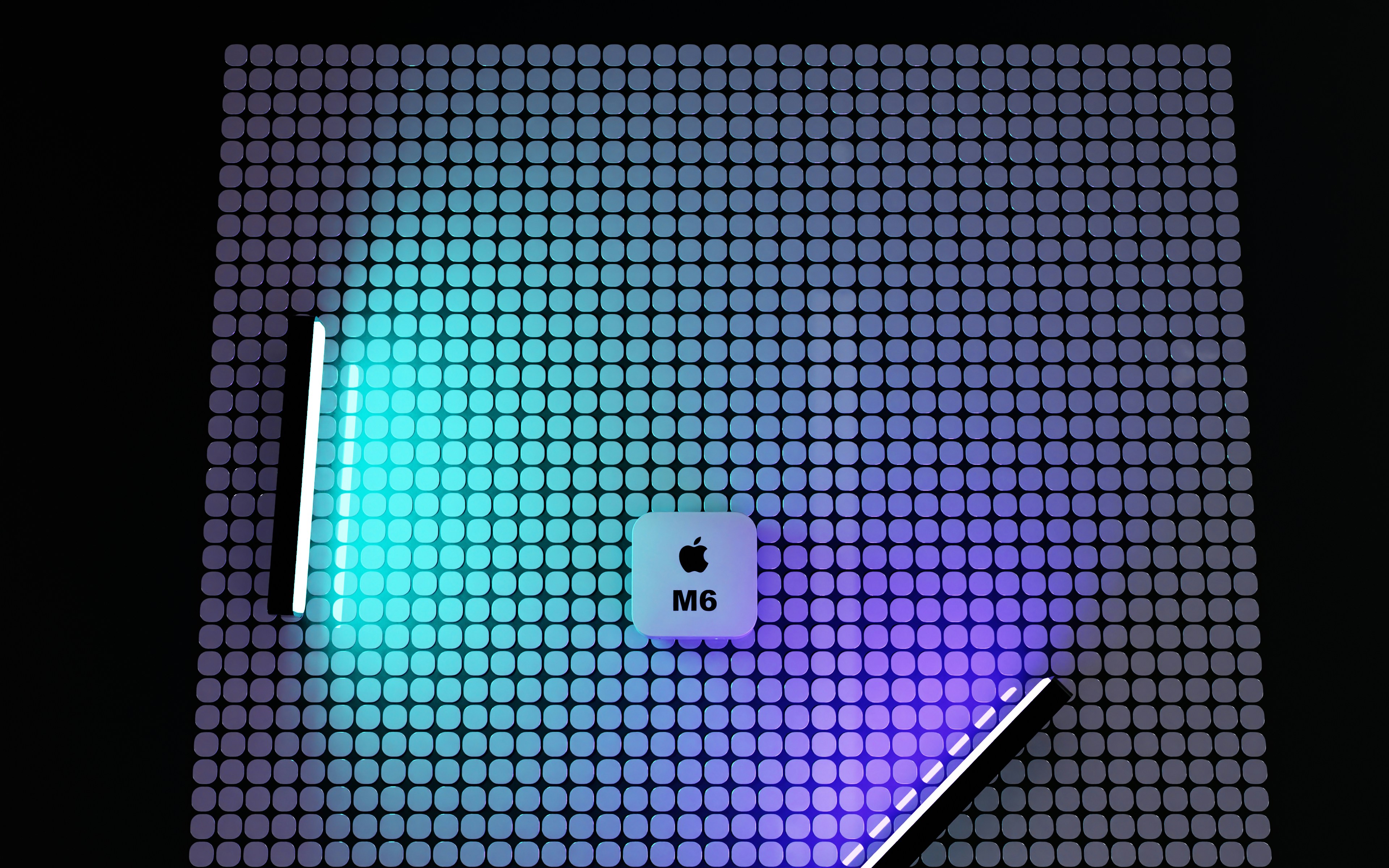 A grid of small squares illuminated by blue and purple light with a central icon