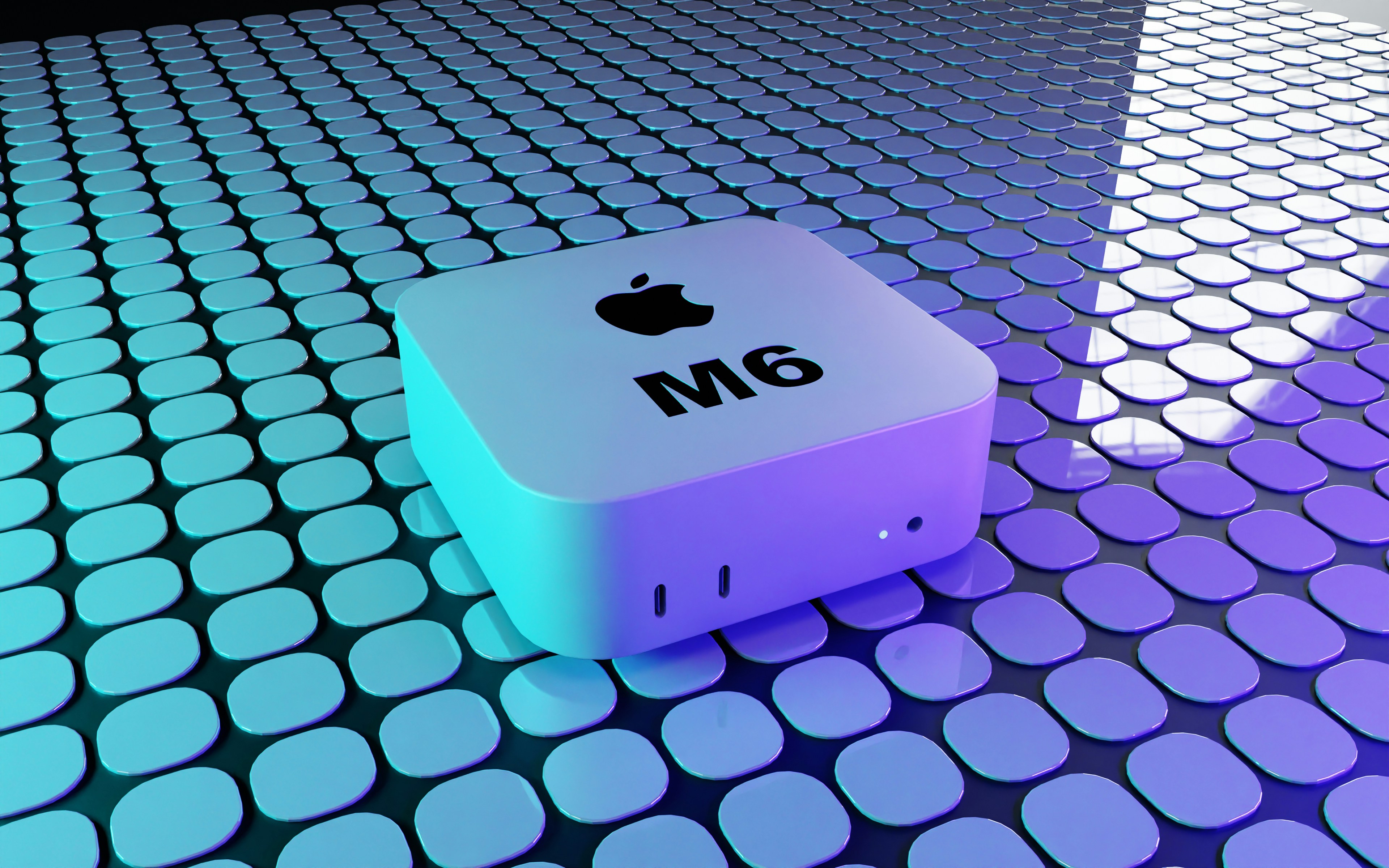 A square white computer device with a logo on a grid of blue tiles