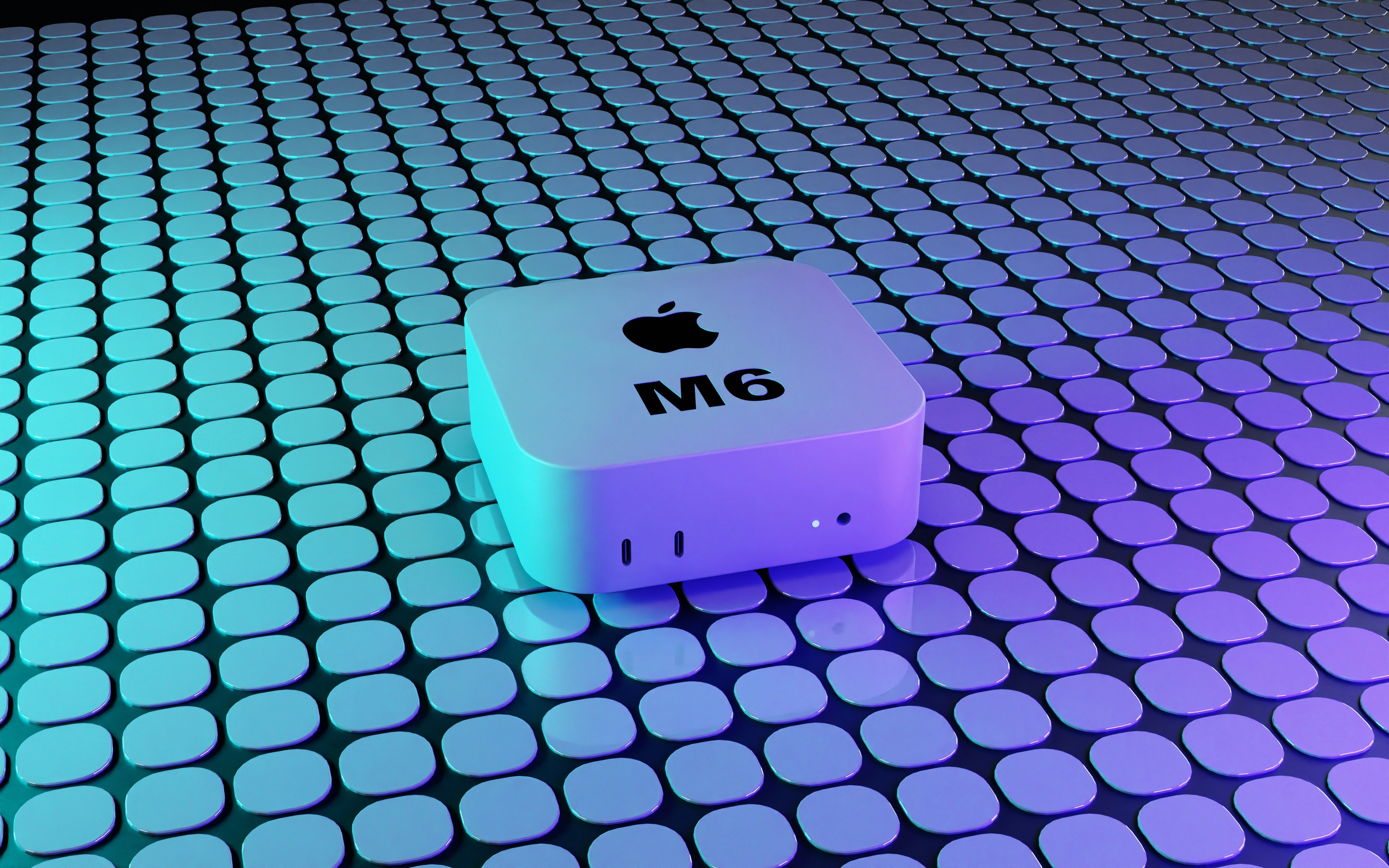 A white square electronic device on a grid of glowing purple and blue tiles