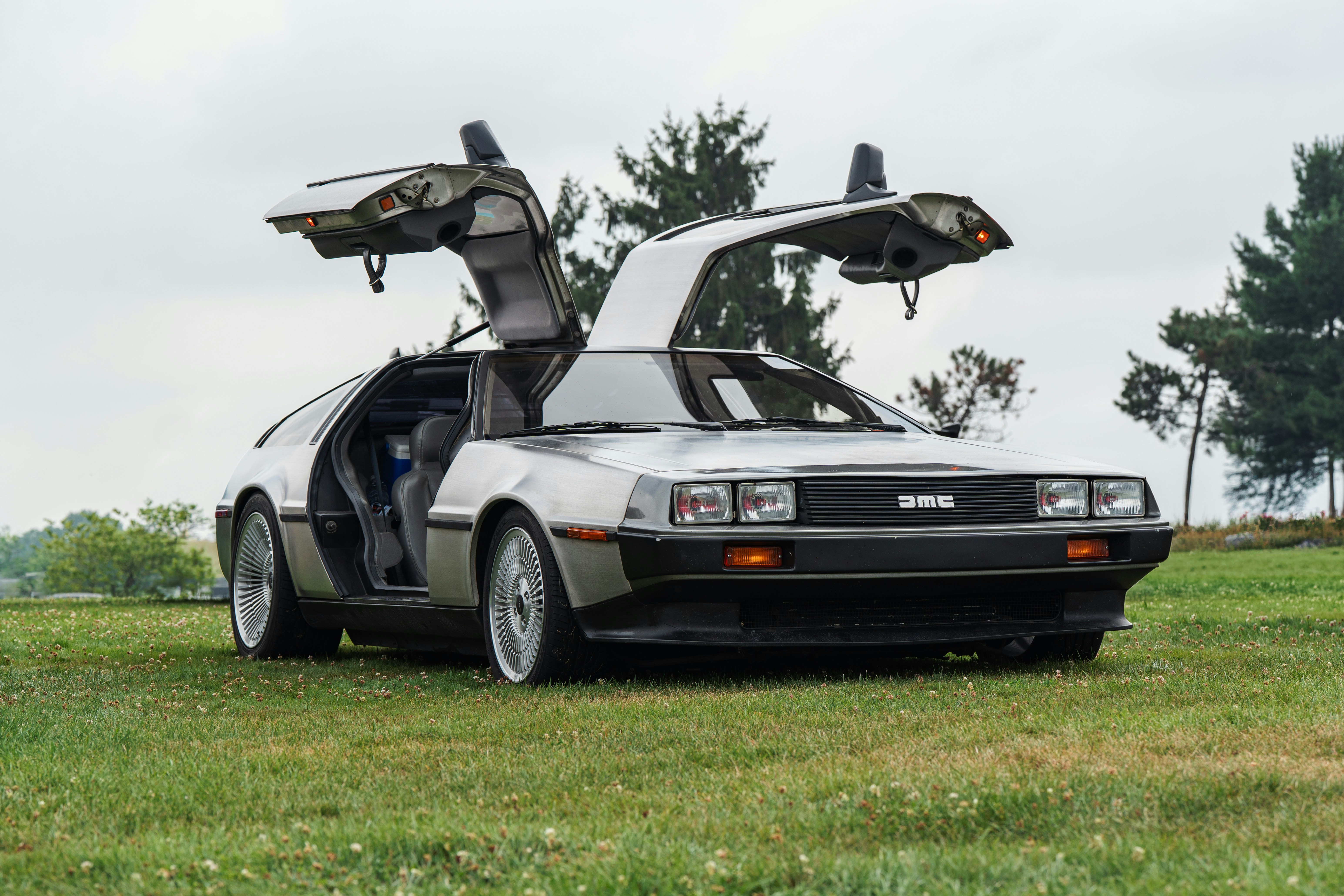 A silver DMC DeLorean sports car with gull-wing doors open on a grassy field