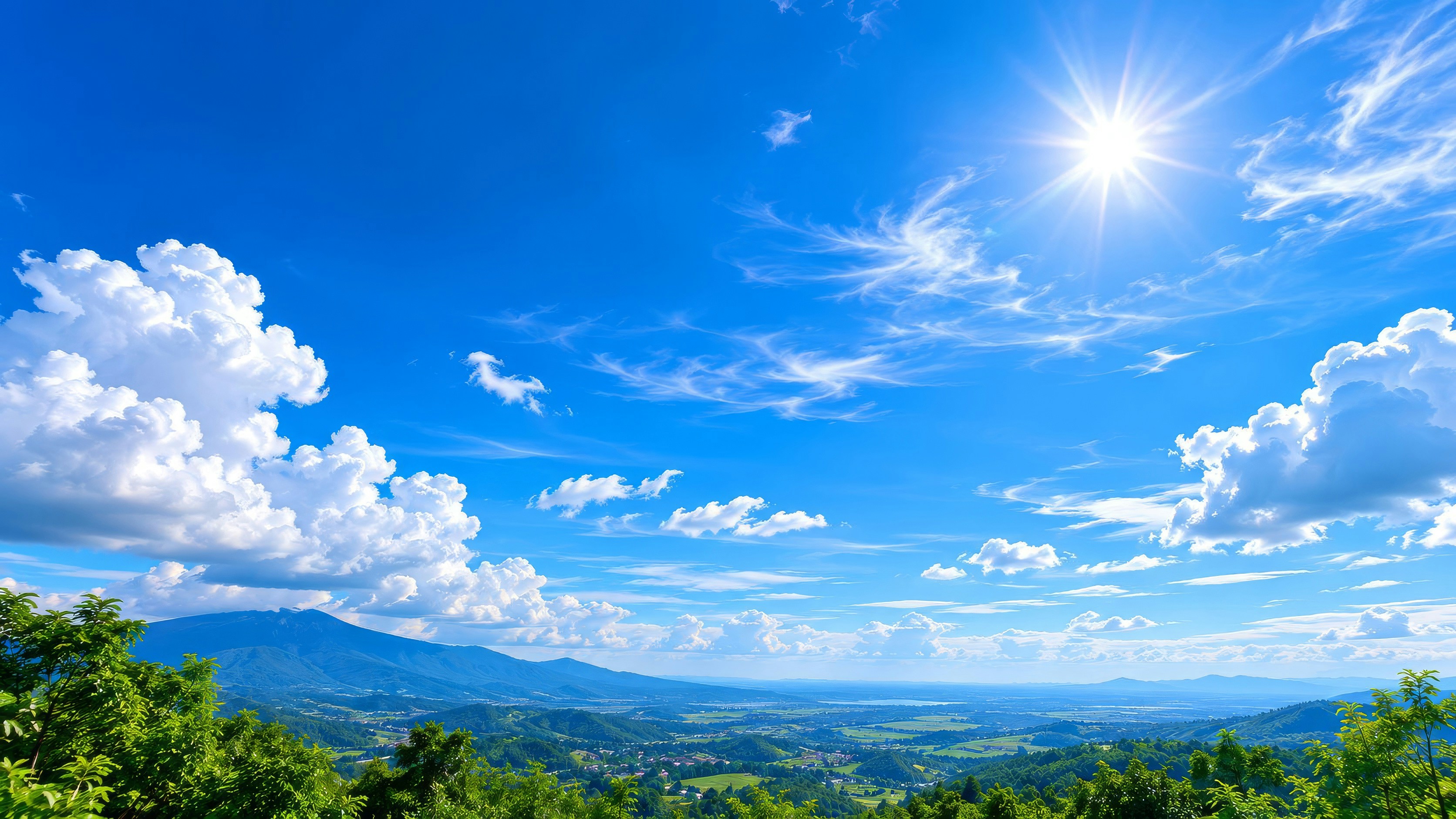 Bright sun in a clear blue sky above rolling green hills and clouds