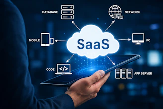 A person holding a tablet displaying a cloud icon labeled SaaS with connected icons