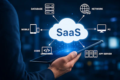 A person holding a tablet displaying a cloud icon labeled SaaS with connected icons