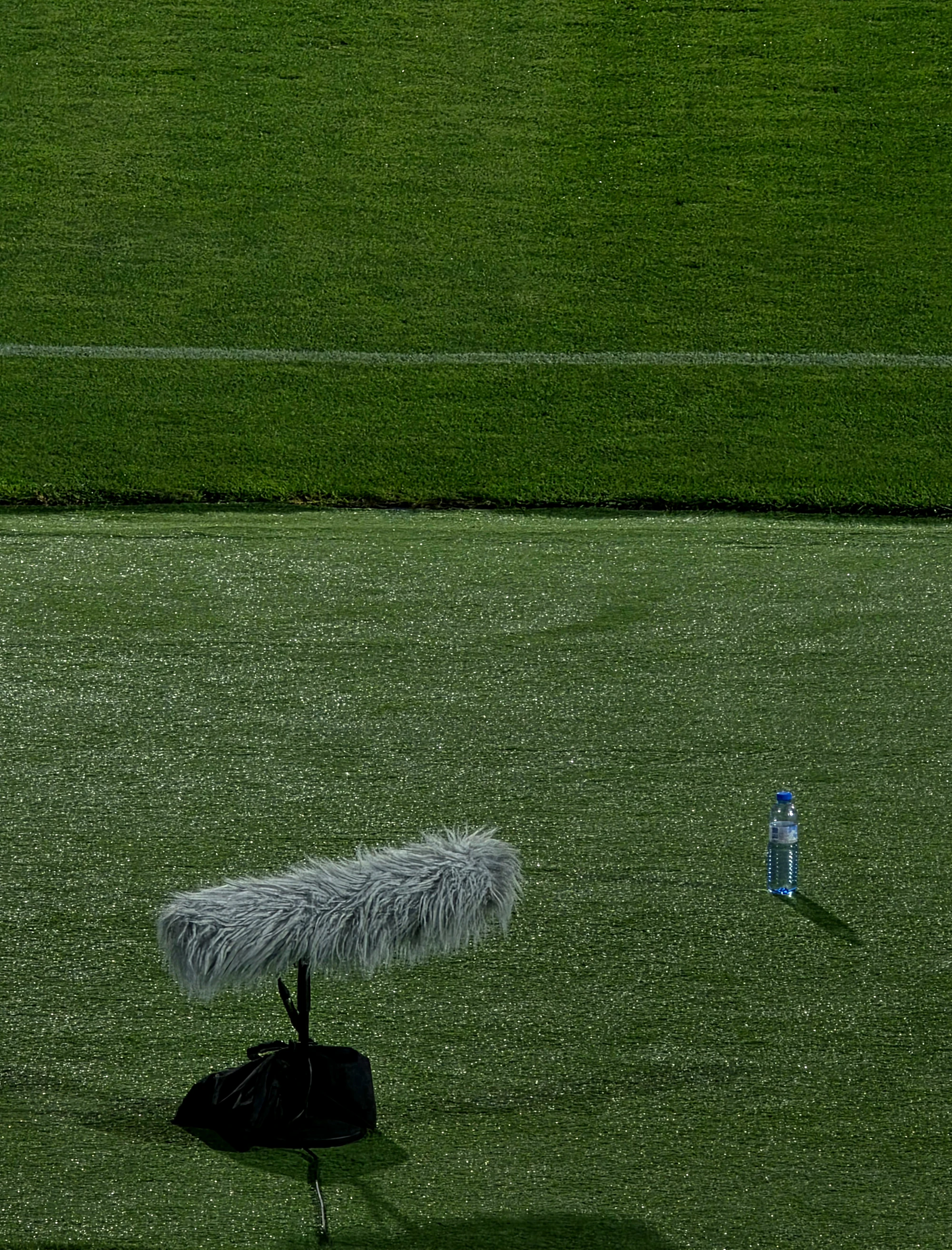 A furry microphone windscreen on a small stand in the grass beside a water bottle