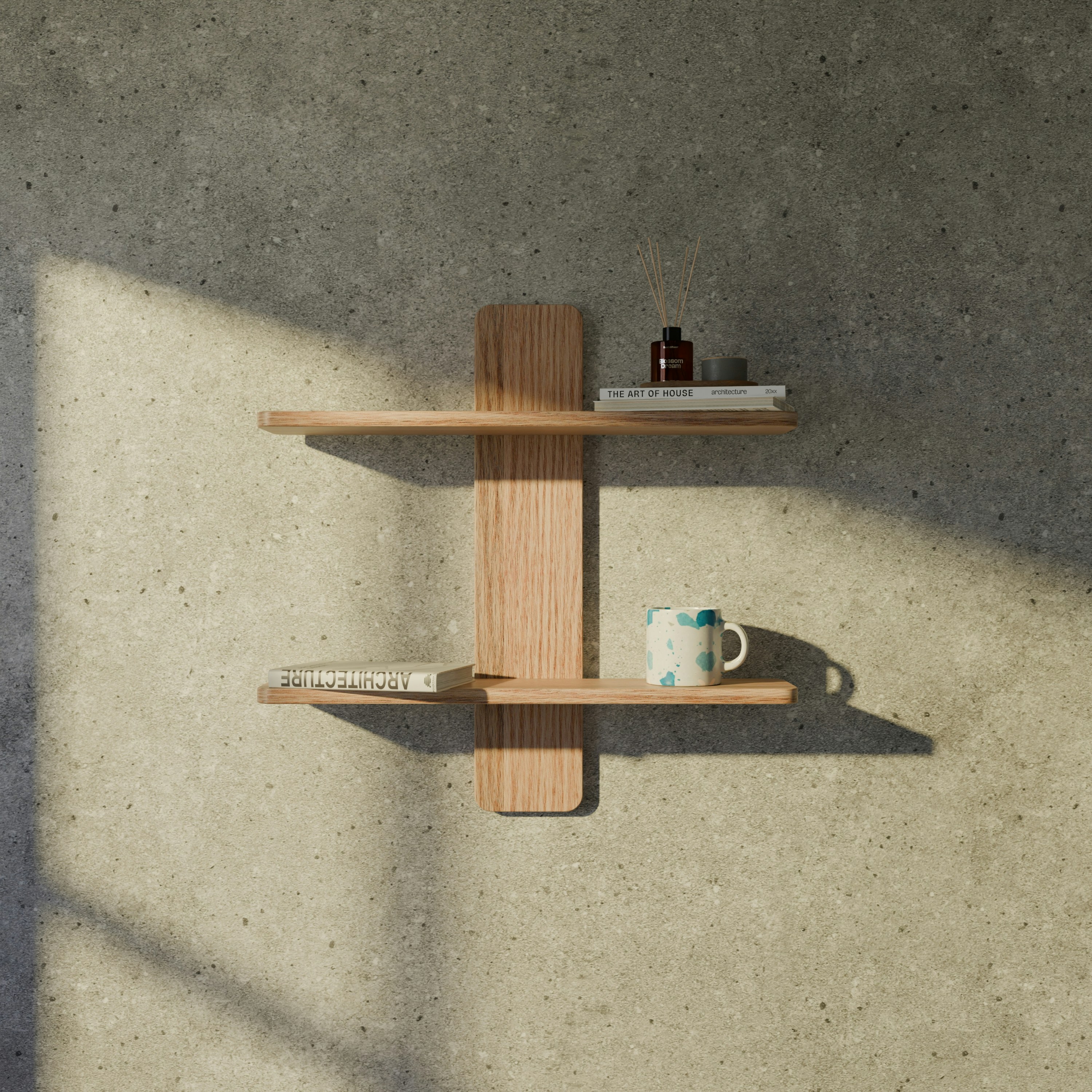 A wooden wall shelf with books, a mug, and a diffuser on a textured wall