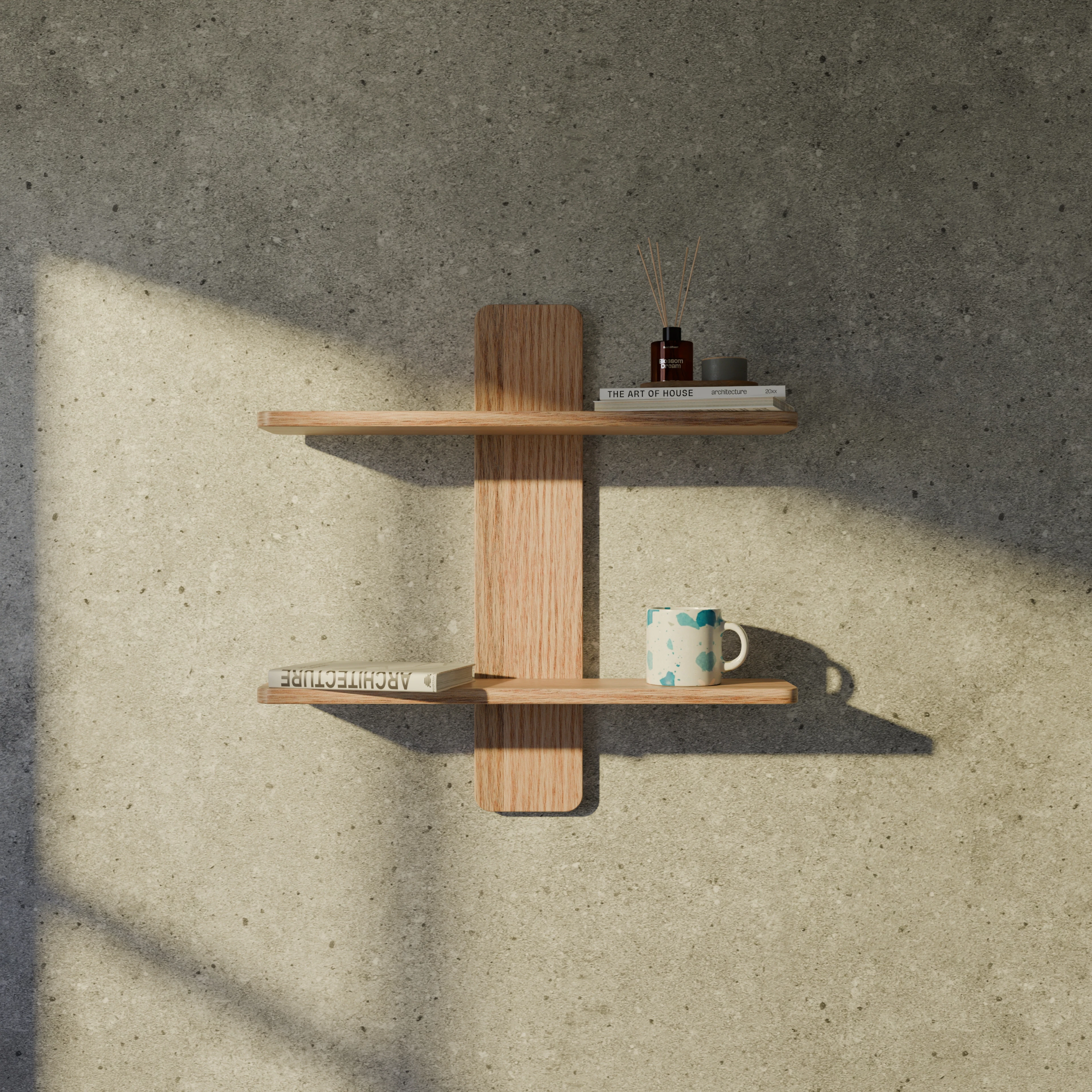 Wooden wall shelf with books and a mug
