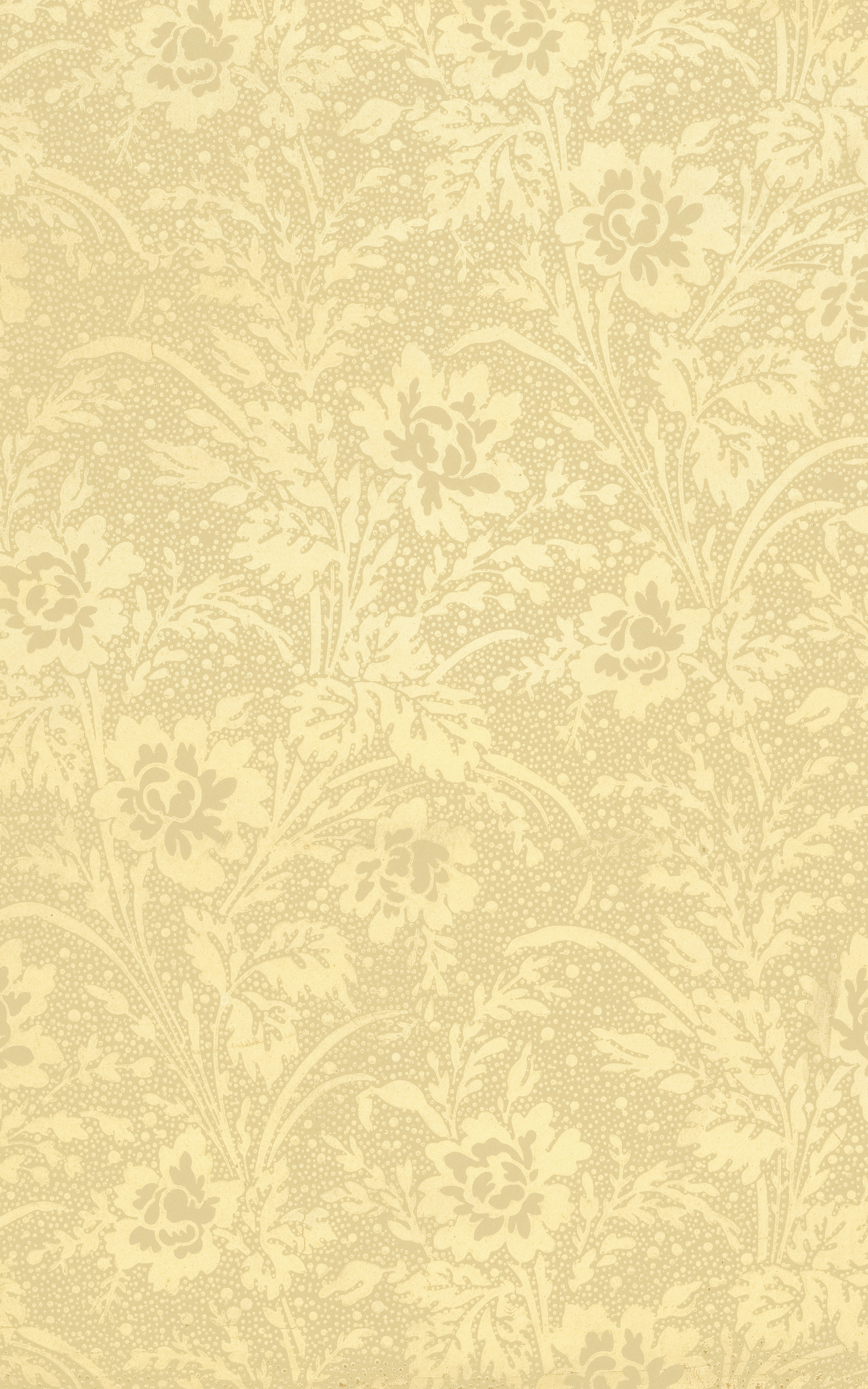 A seamless pattern of cream flowers and leaves on a light beige background