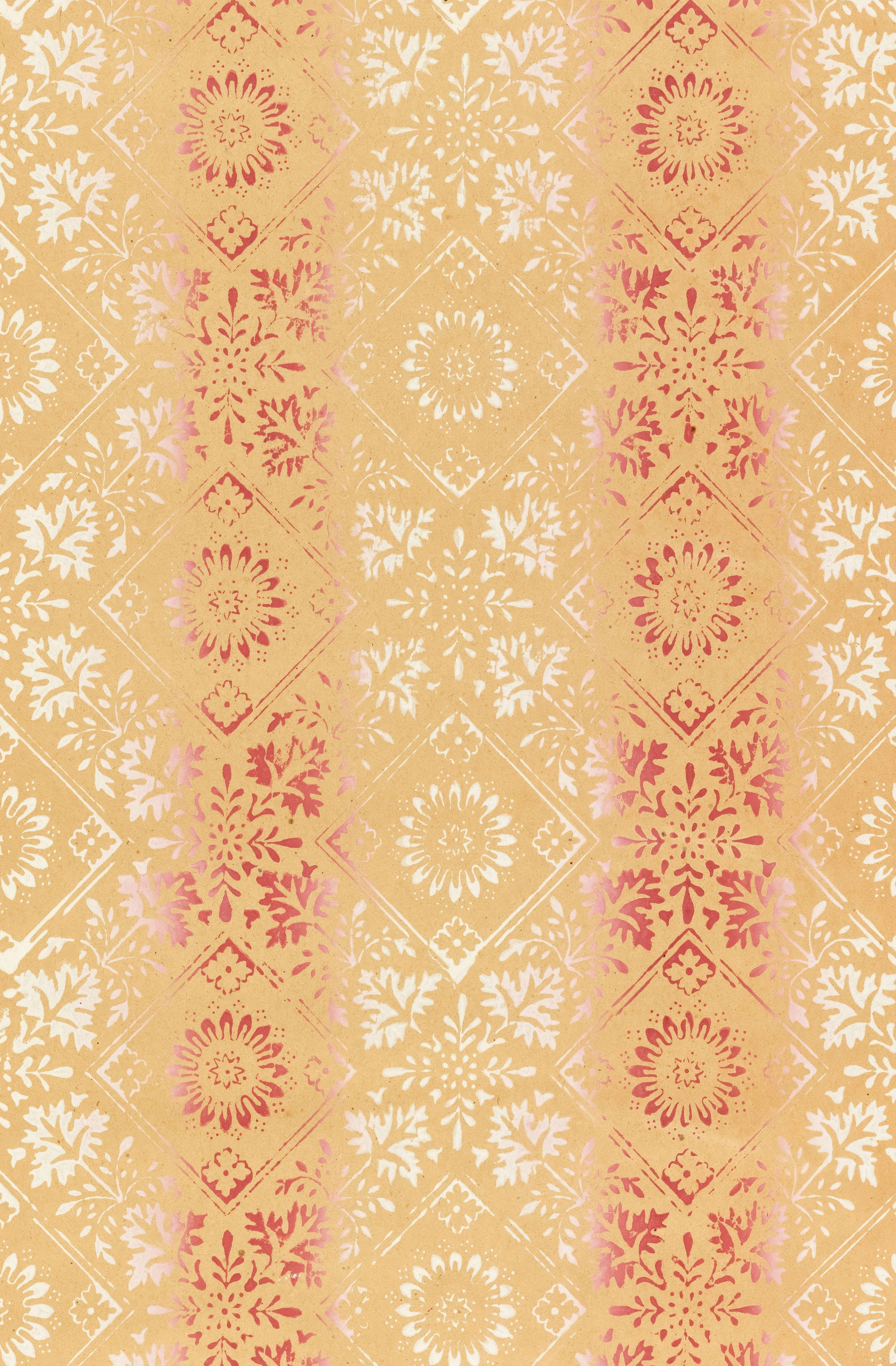 A repeating floral pattern in pink and white on a tan background