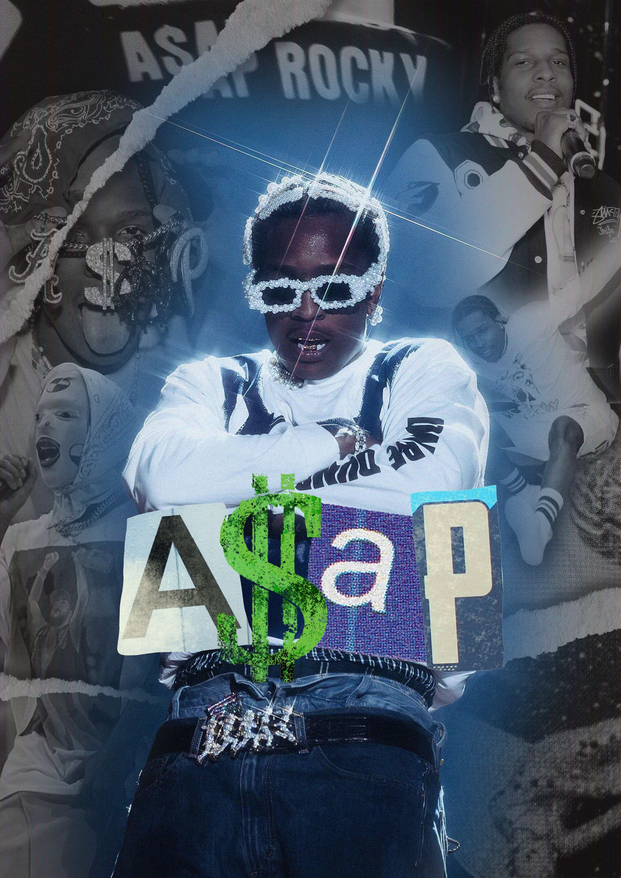 A person wearing pearl-encrusted sunglasses and a white long-sleeved shirt in a collage