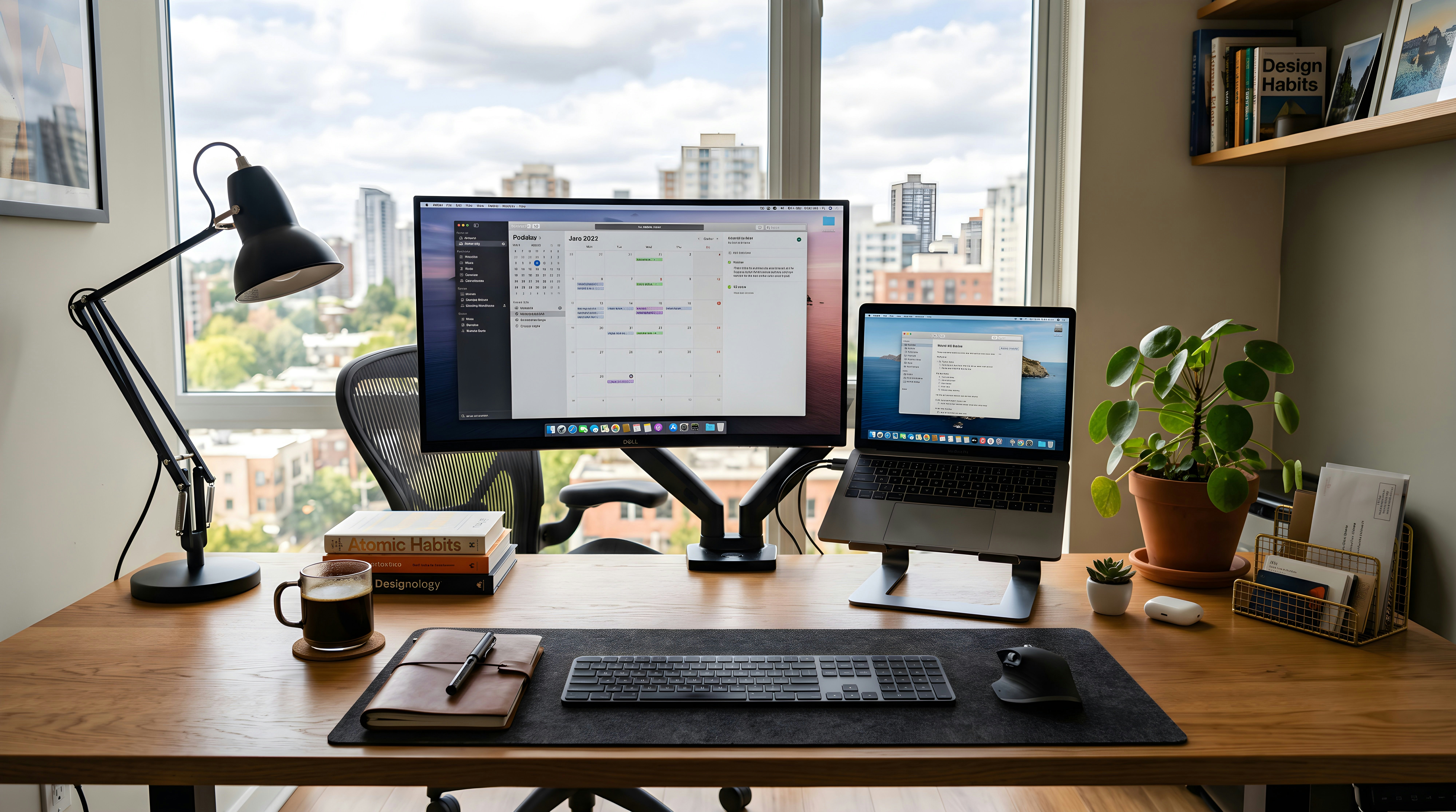 A home office workspace with a computer monitor and laptop on a wooden desk