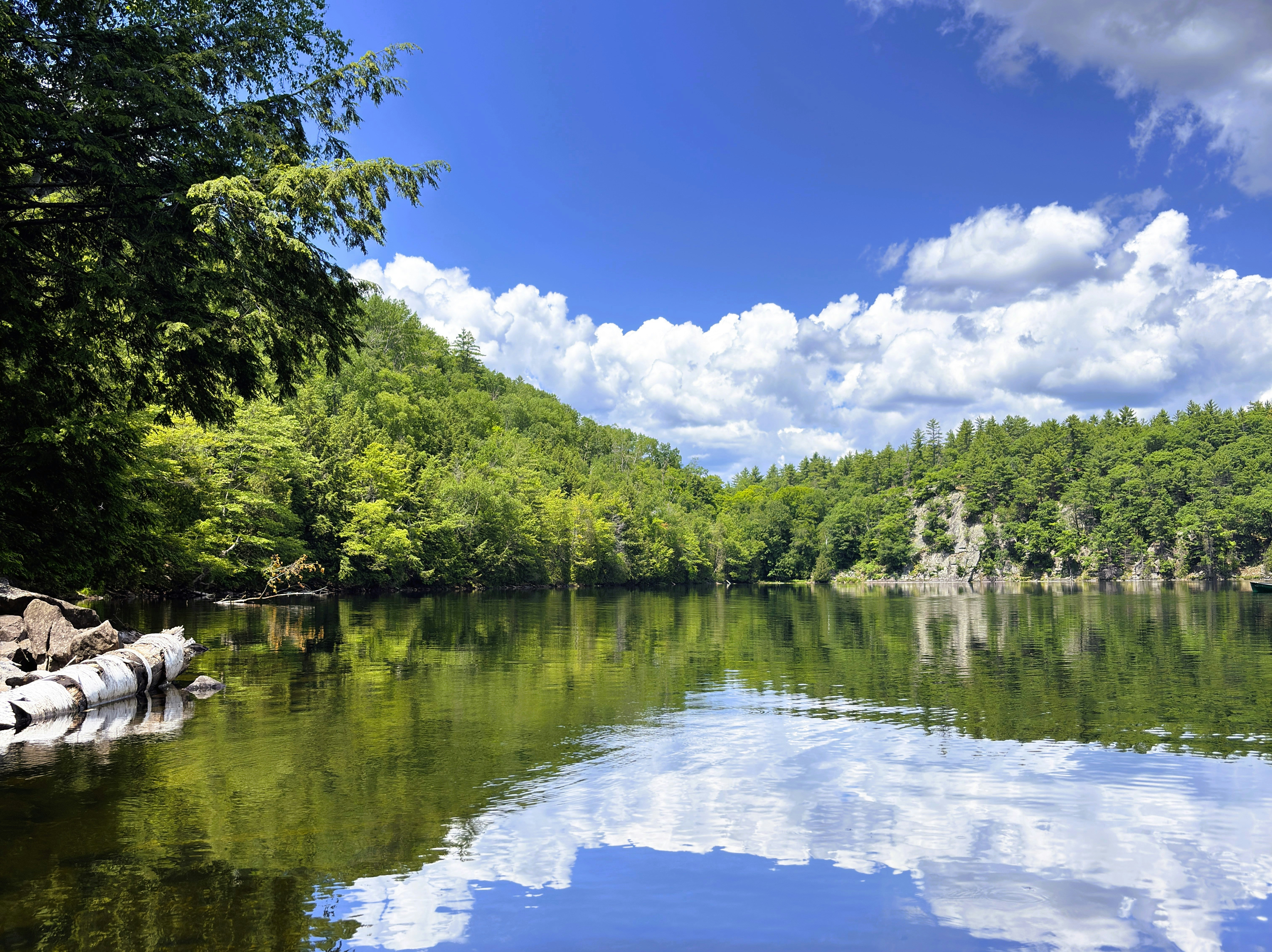 A calm lake reflecting white clouds and green trees under a blue sky