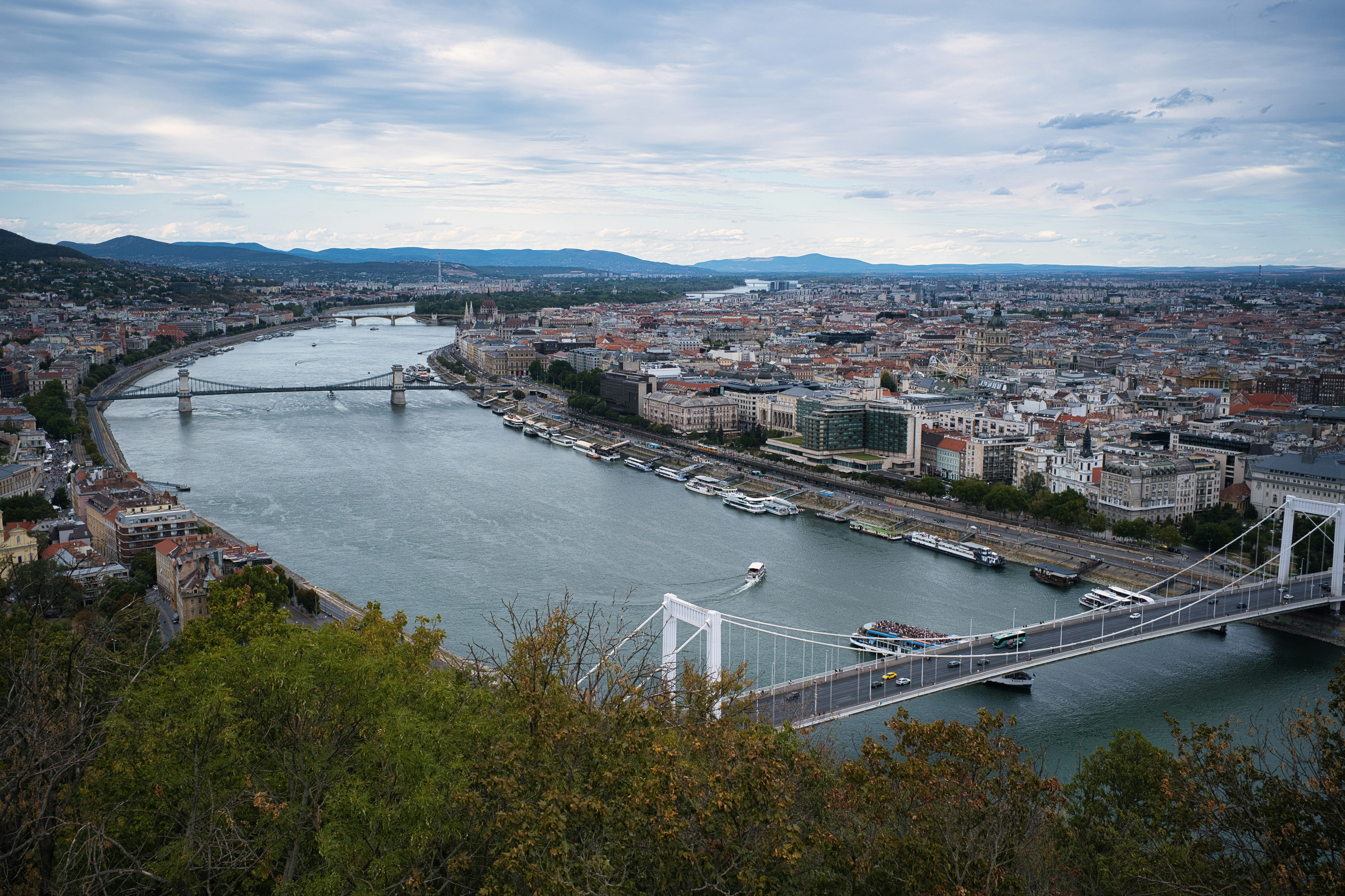 Aerial view of the Danube river and Elizabeth Bridge in Budapest, Hungary