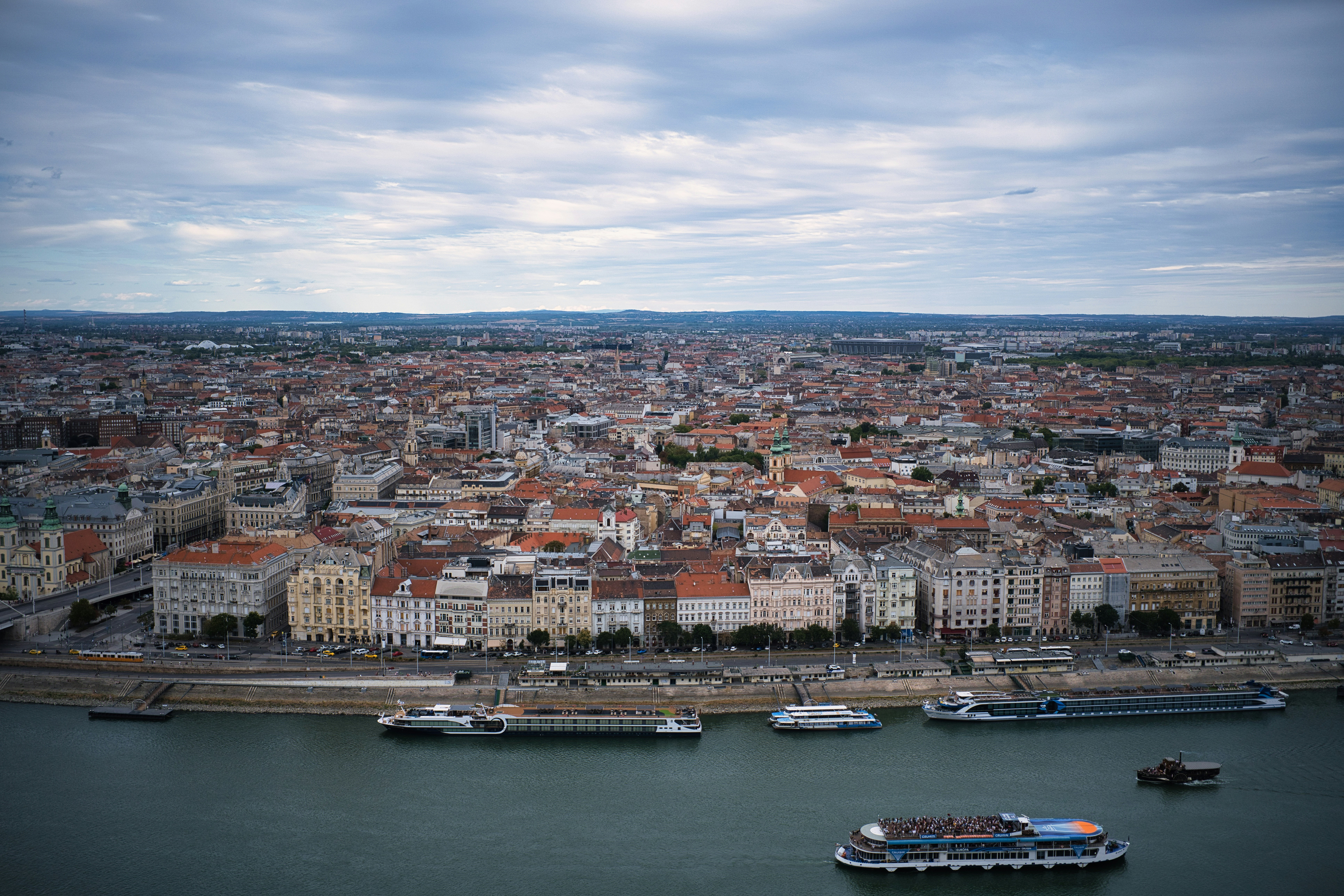 Aerial view of the Danube river and the city of Budapest, Hungary
