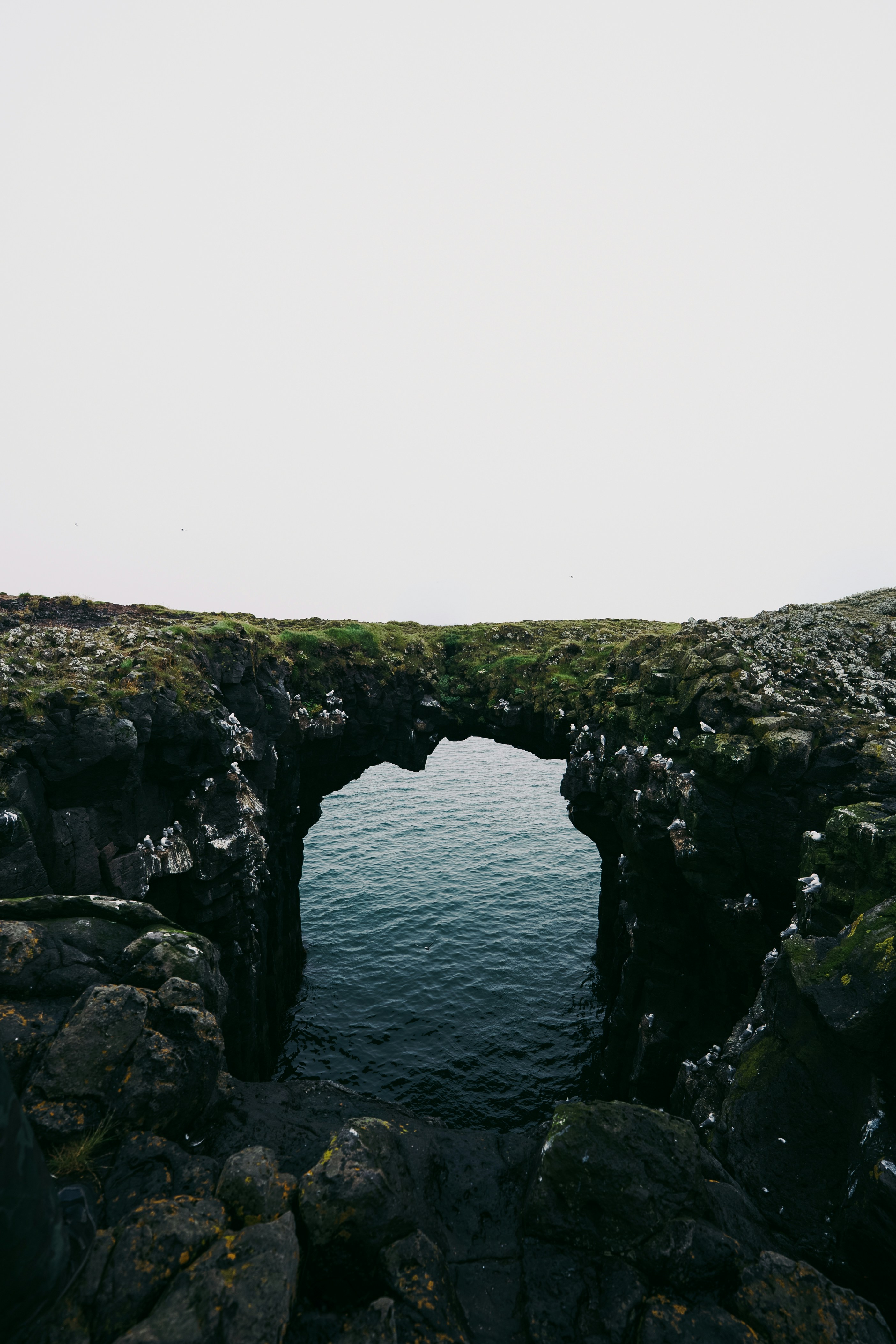 A natural stone arch over dark ocean water with small birds on the cliffs