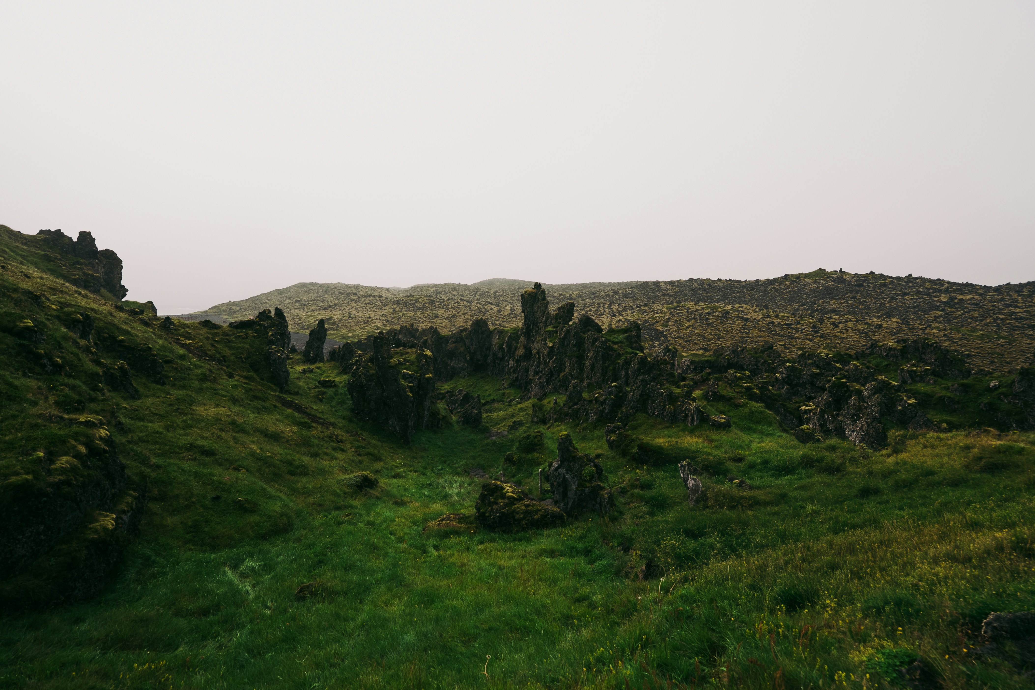 Jagged dark rock formations rising from a lush green grassy valley under overcast skies