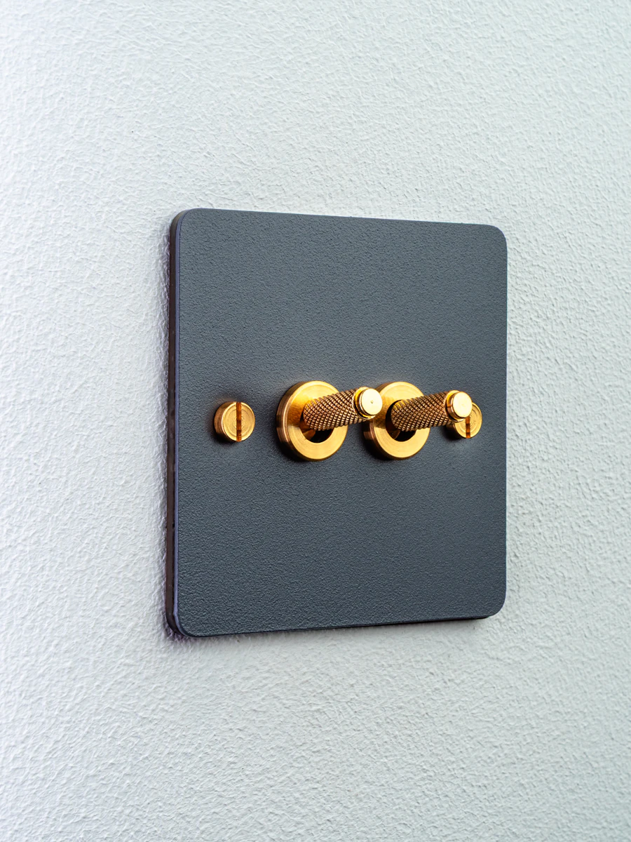 A dark grey wall plate with two knurled brass toggle switches