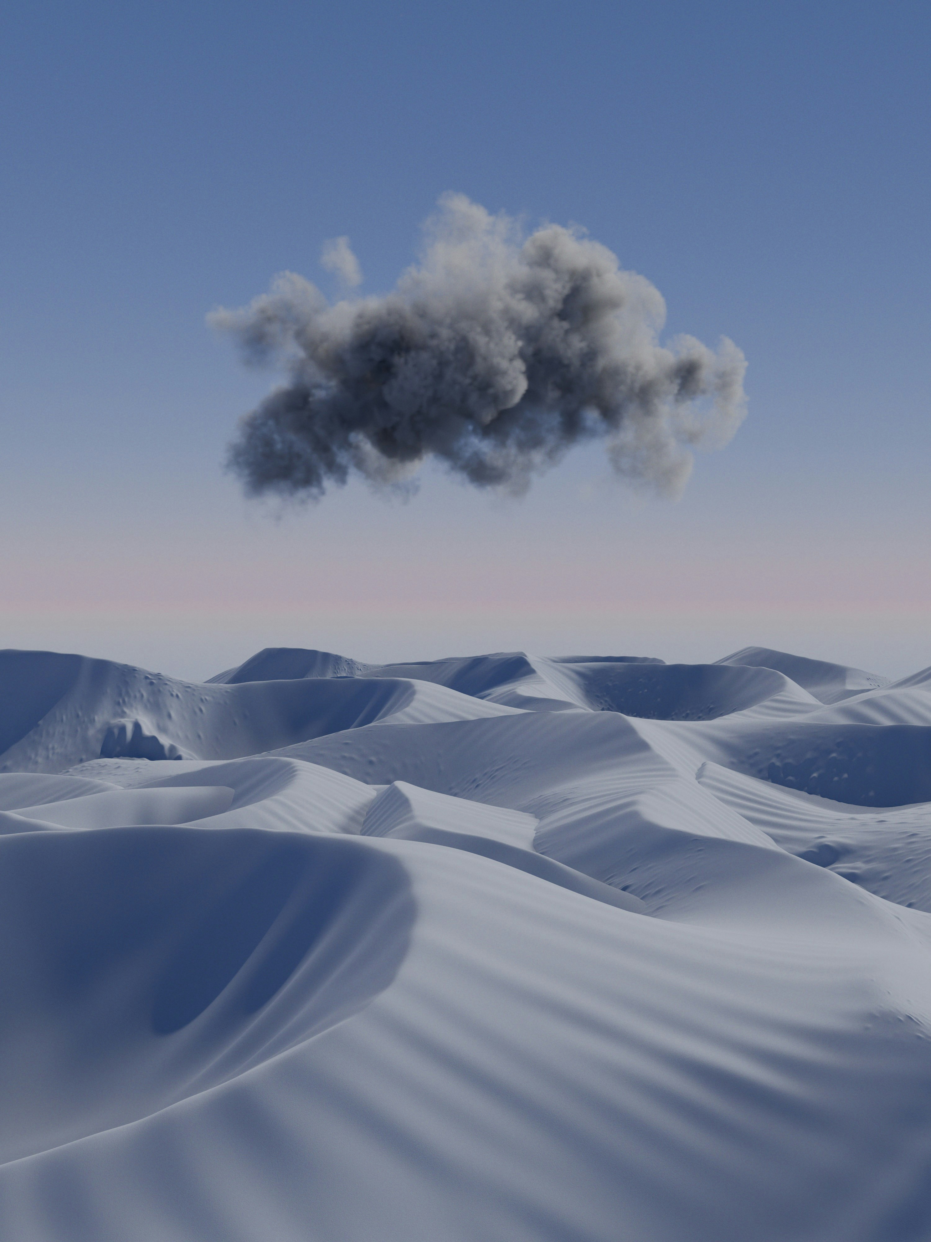 A single dark cloud floating above a vast expanse of snow dunes