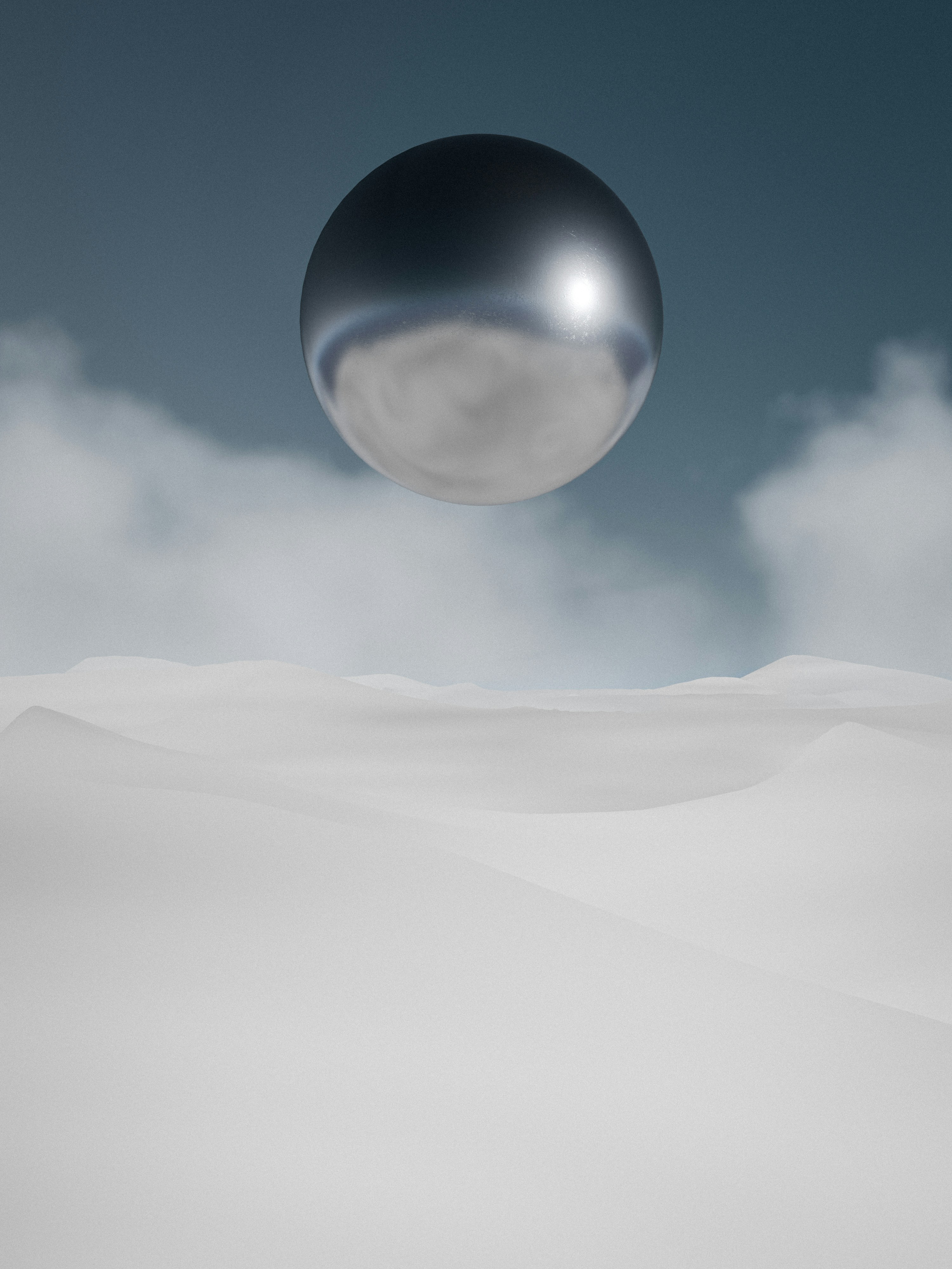 A polished chrome sphere floating above a white undulating landscape under a cloudy sky