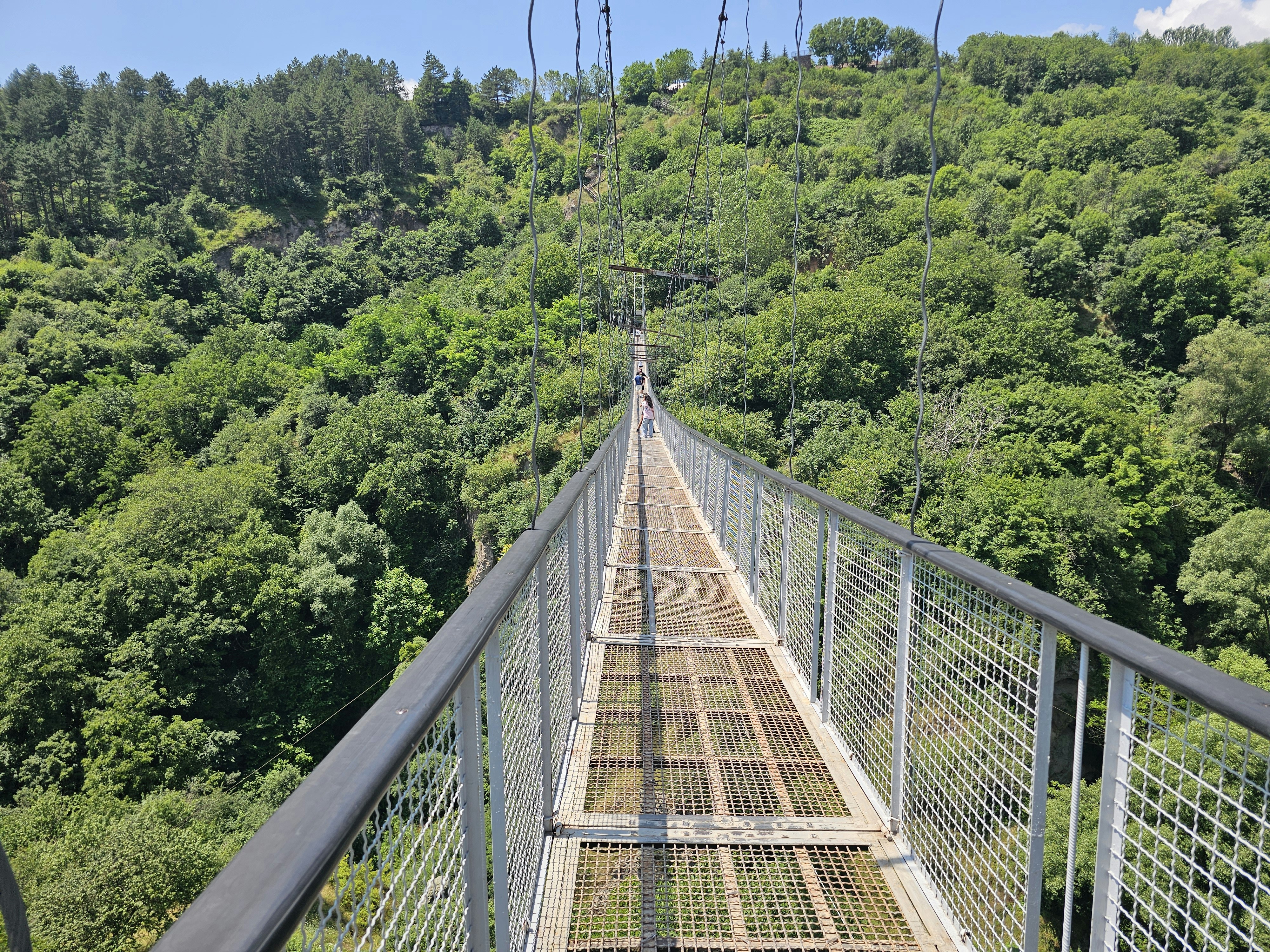 A long metal suspension bridge spanning a deep valley filled with dense green trees