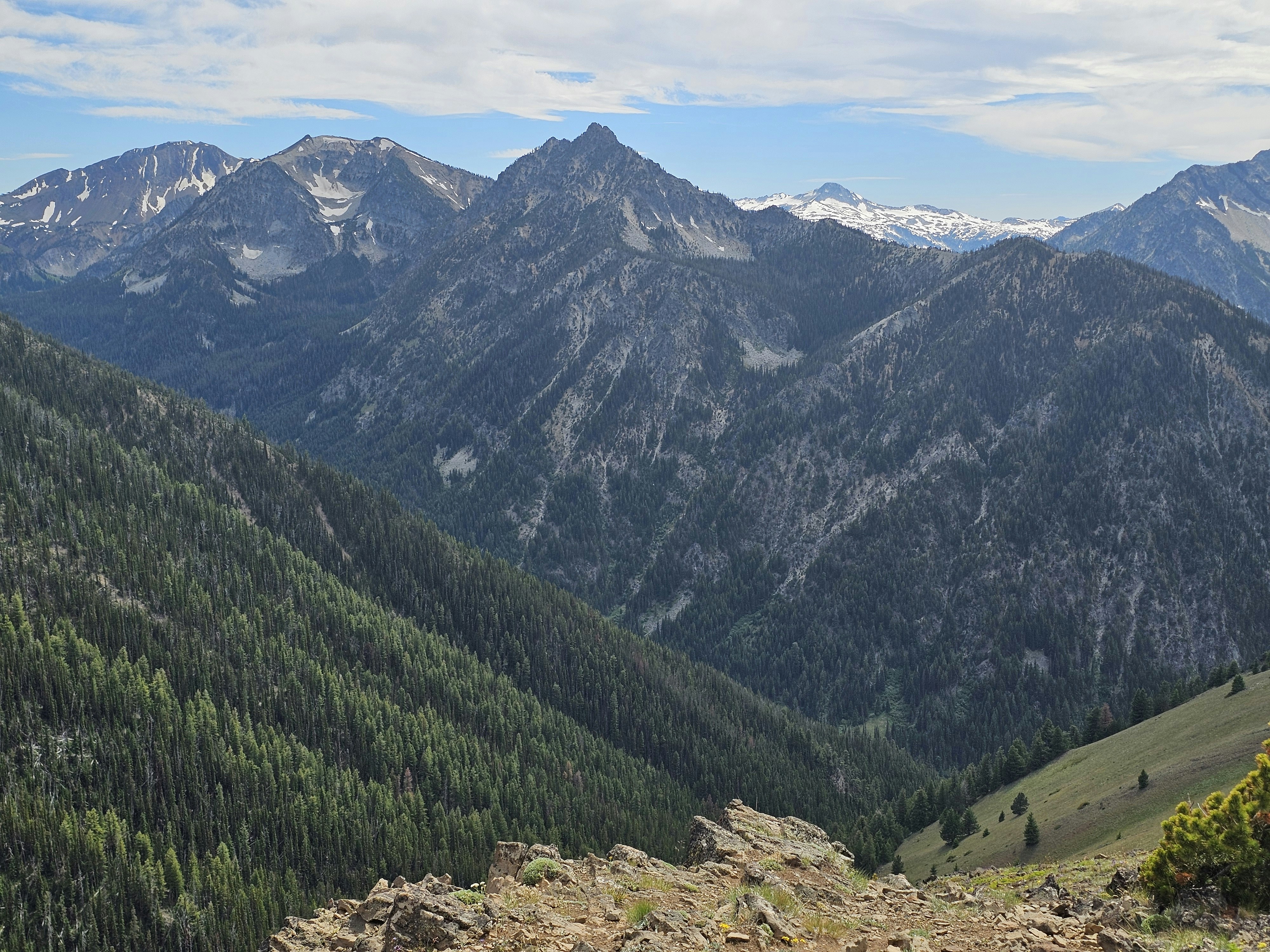 Rugged mountain peaks with patches of snow above a deep forested valley