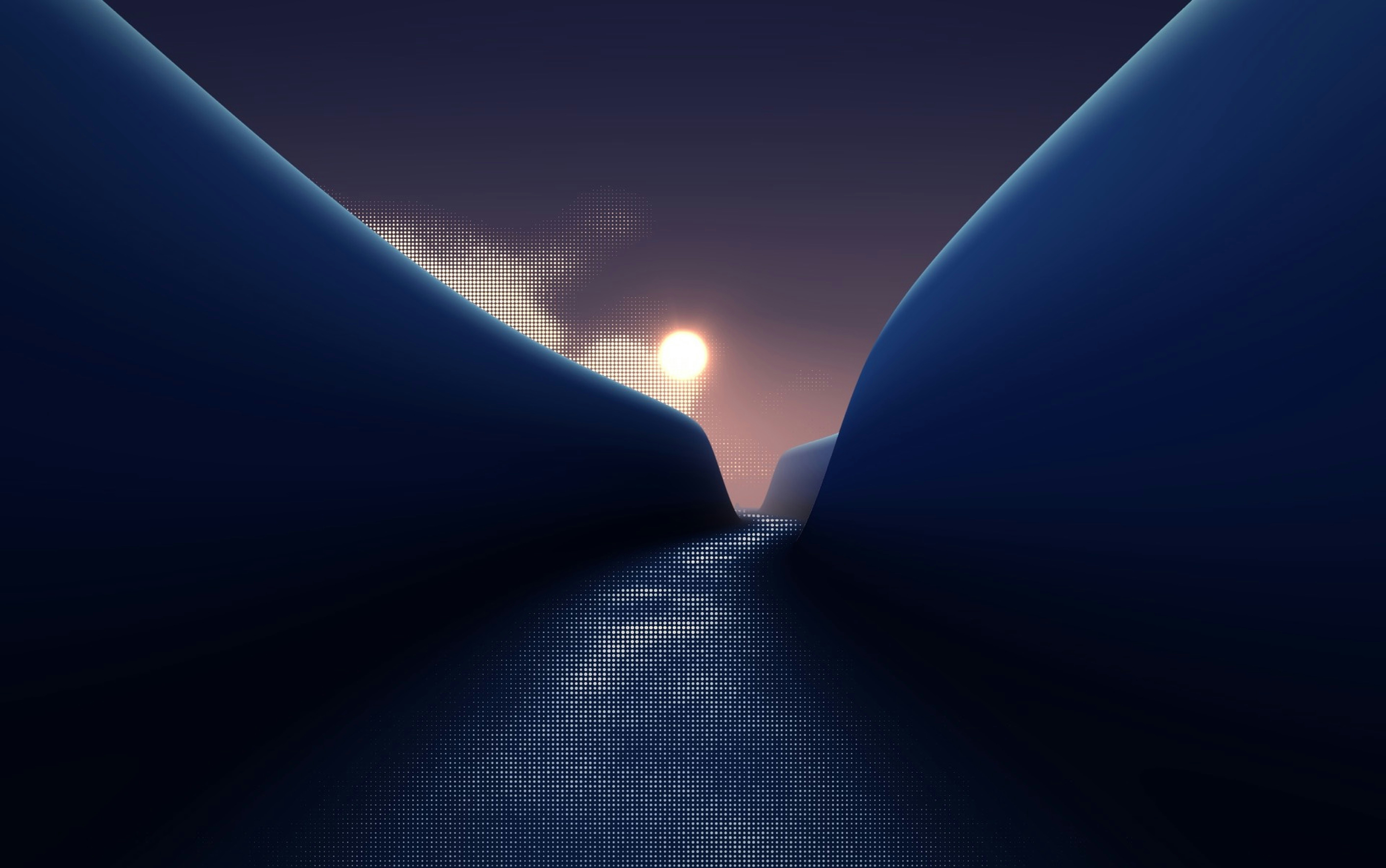 A glowing sun above a dark valley with a dotted halftone texture