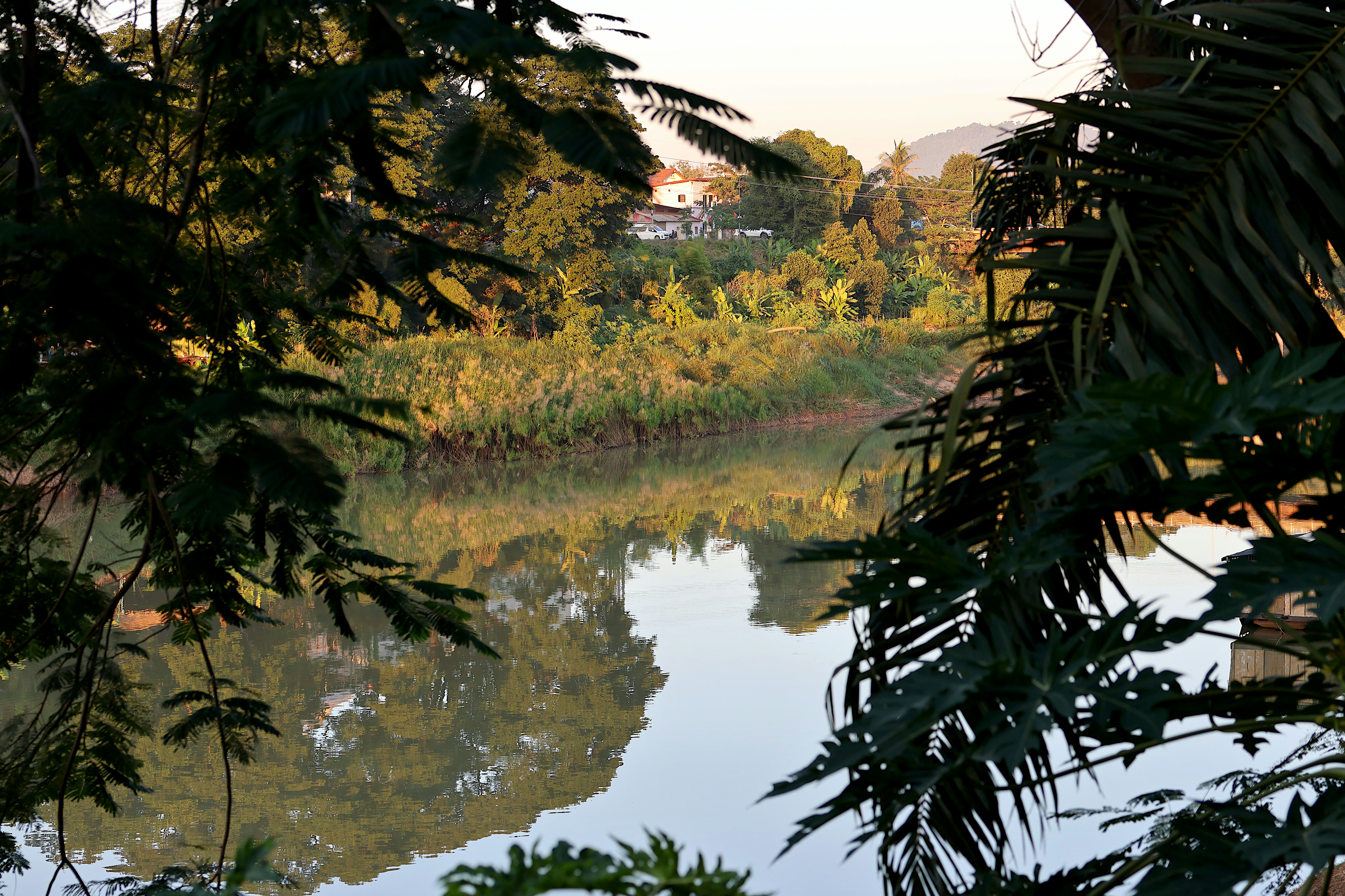 A calm river reflecting trees and houses under warm low sun light