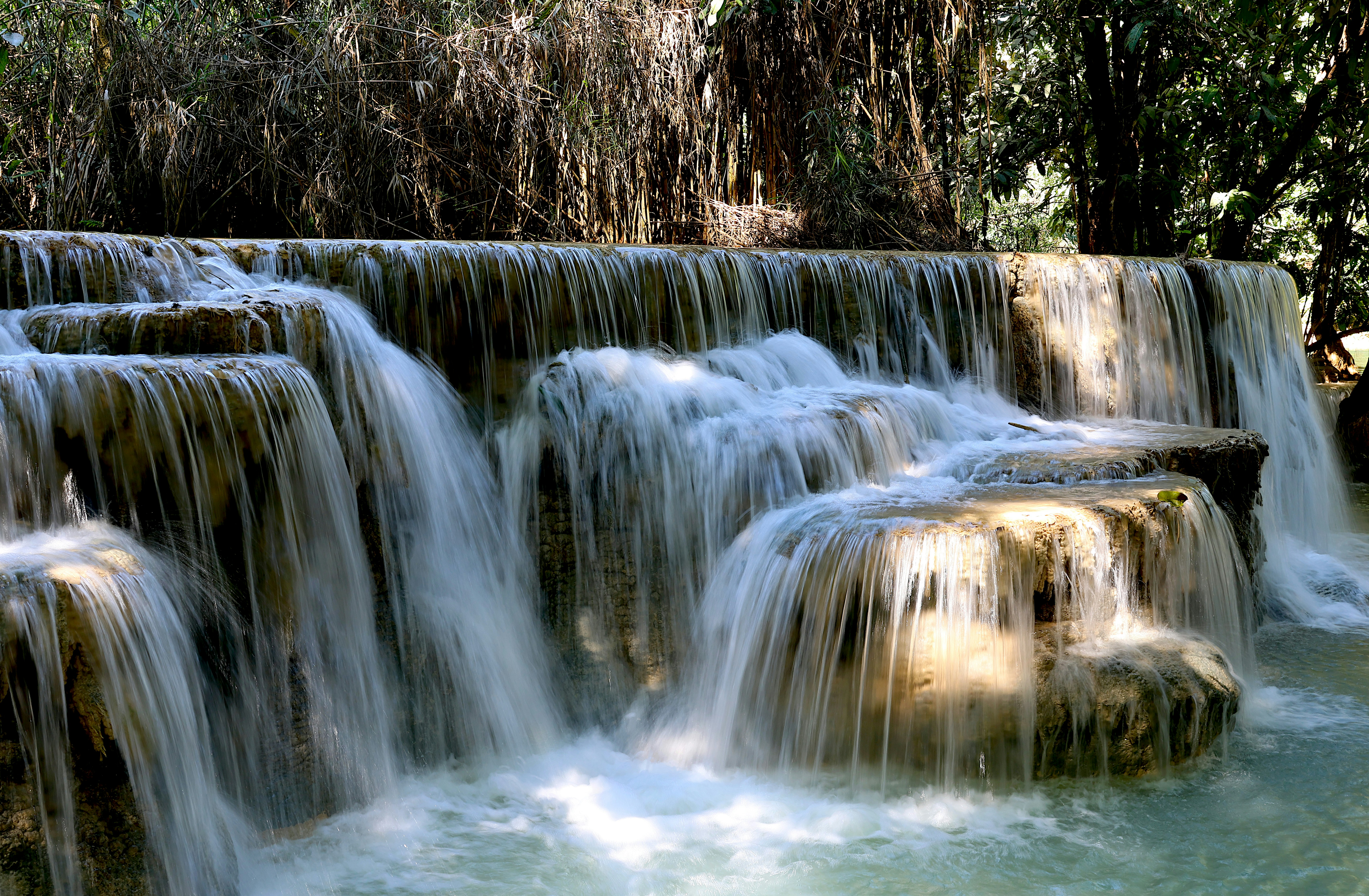 Water cascading over tiered limestone ledges into a pool surrounded by dense forest