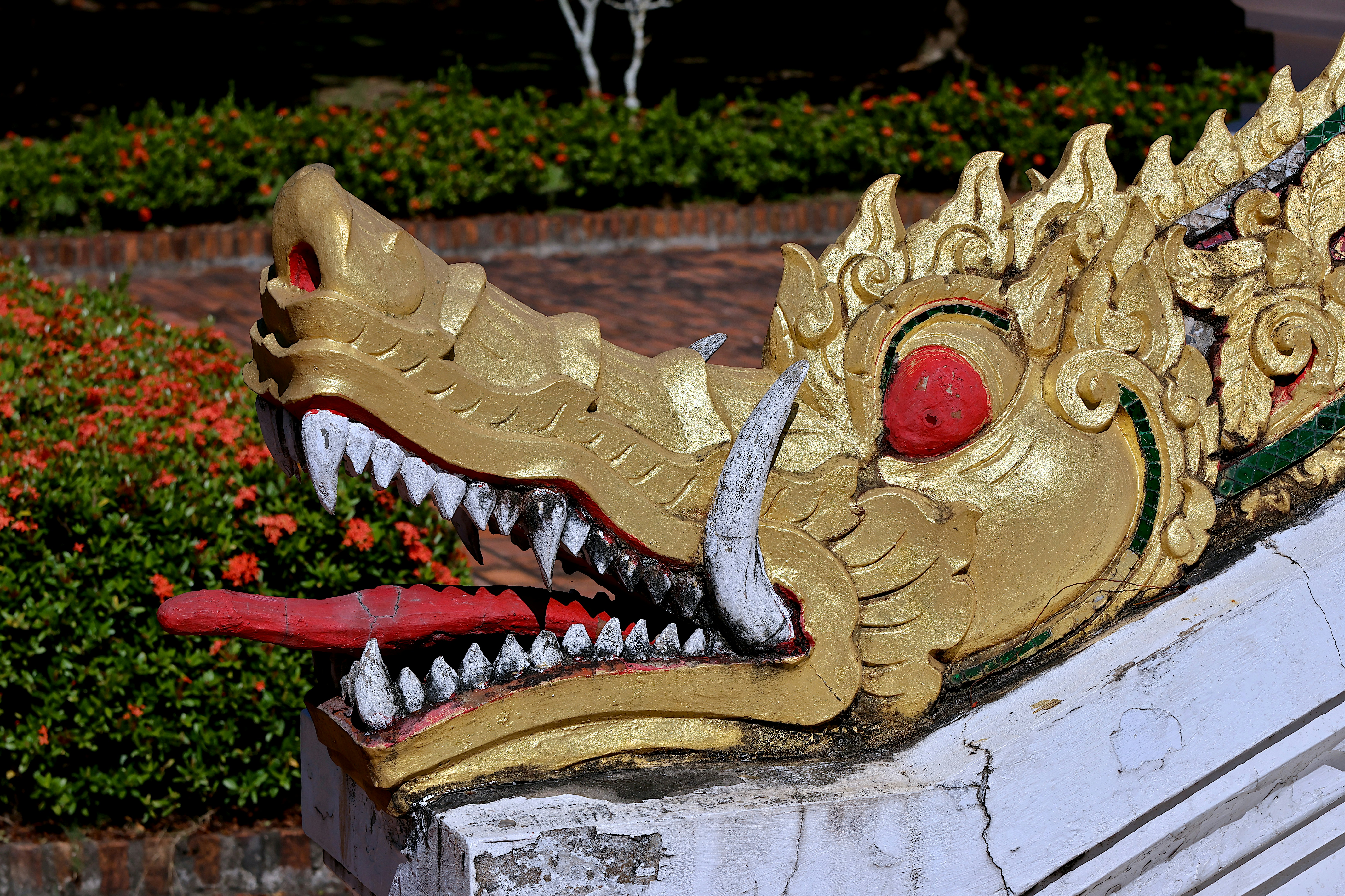 A golden naga sculpture with a red tongue and sharp teeth on a wall